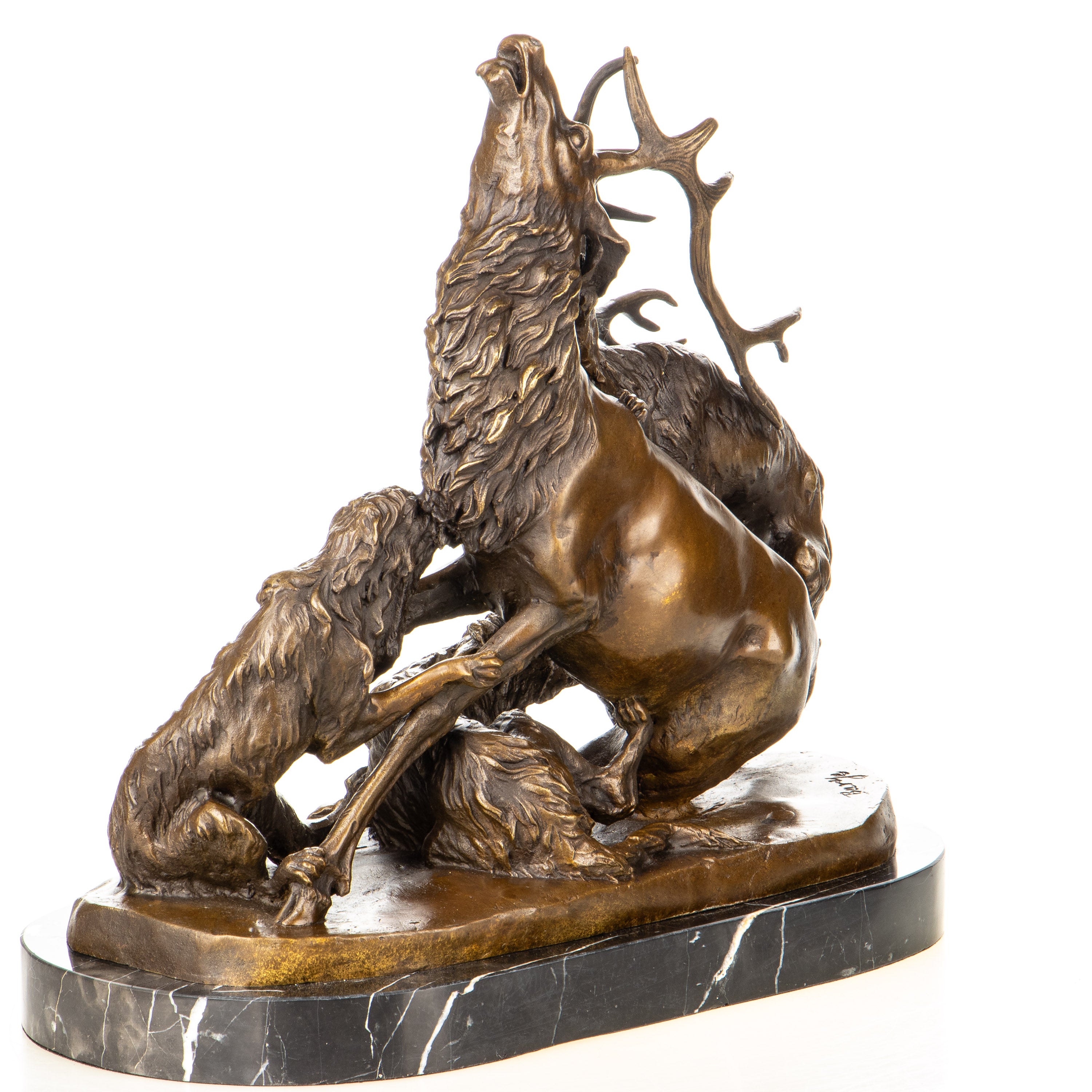 Bronze Skulptur Hirsch im Kampf mit Jagdhunden – Tierfigur auf Marmorsockel