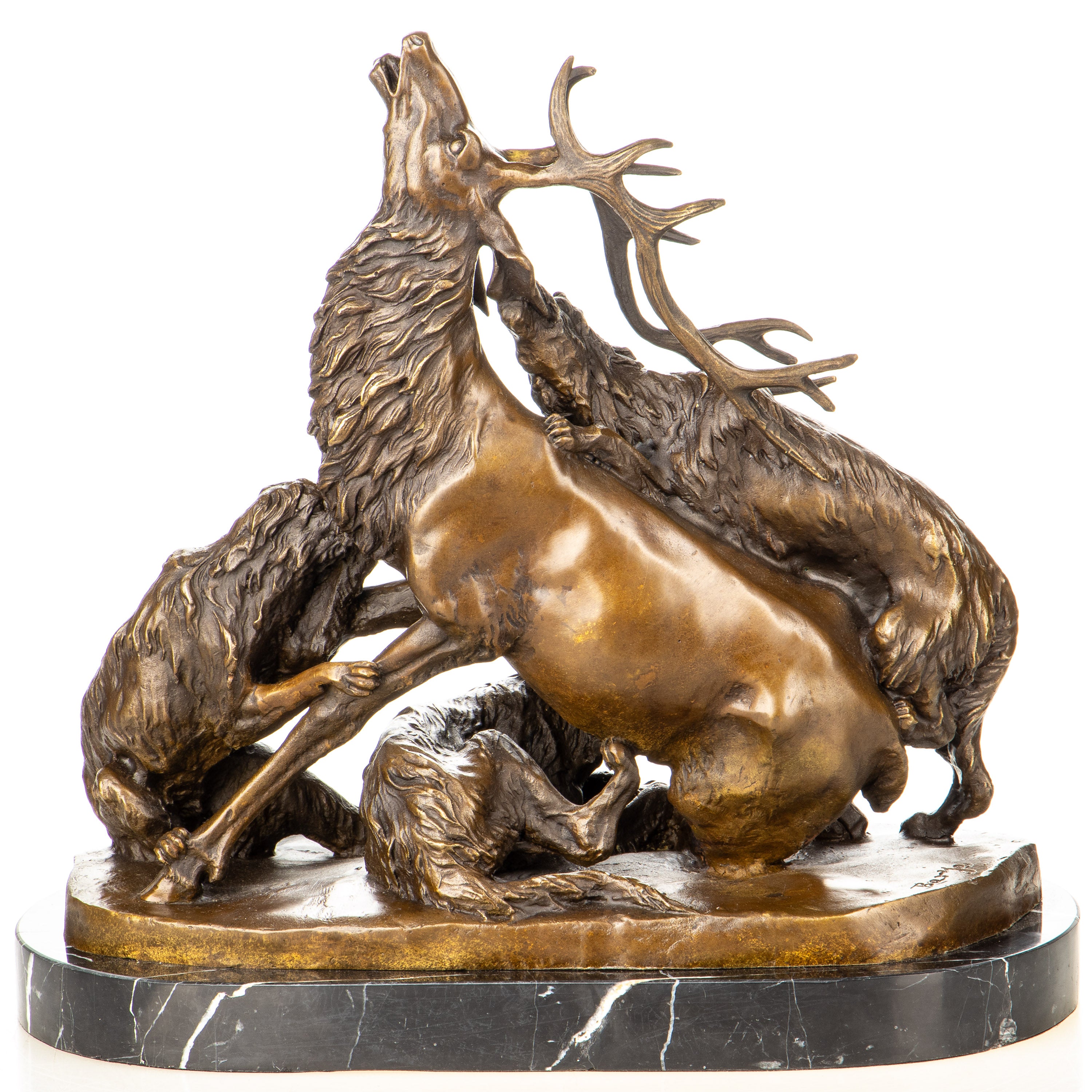 Bronze Skulptur Hirsch im Kampf mit Jagdhunden – Tierfigur auf Marmorsockel