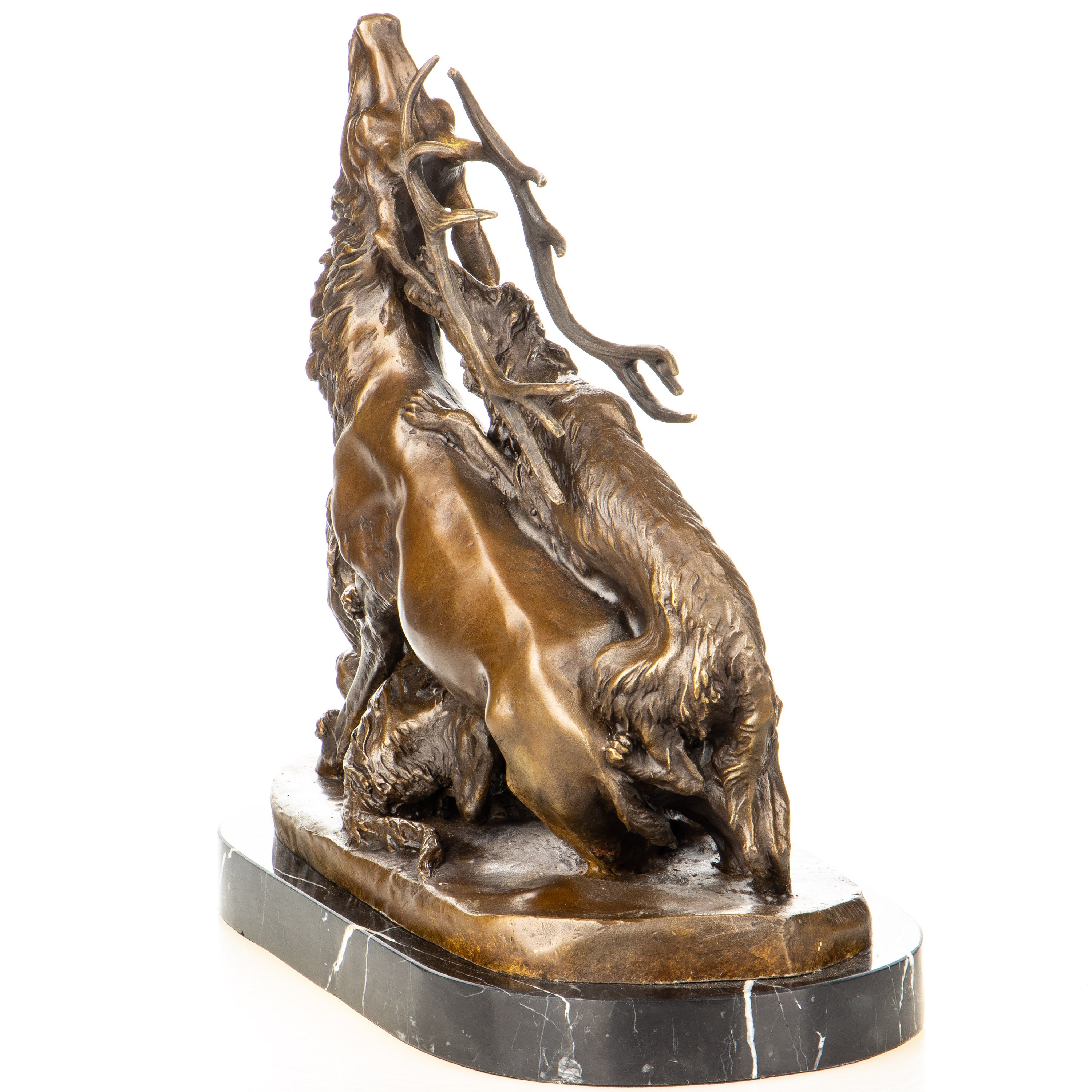 Bronze Skulptur Hirsch im Kampf mit Jagdhunden – Tierfigur auf Marmorsockel