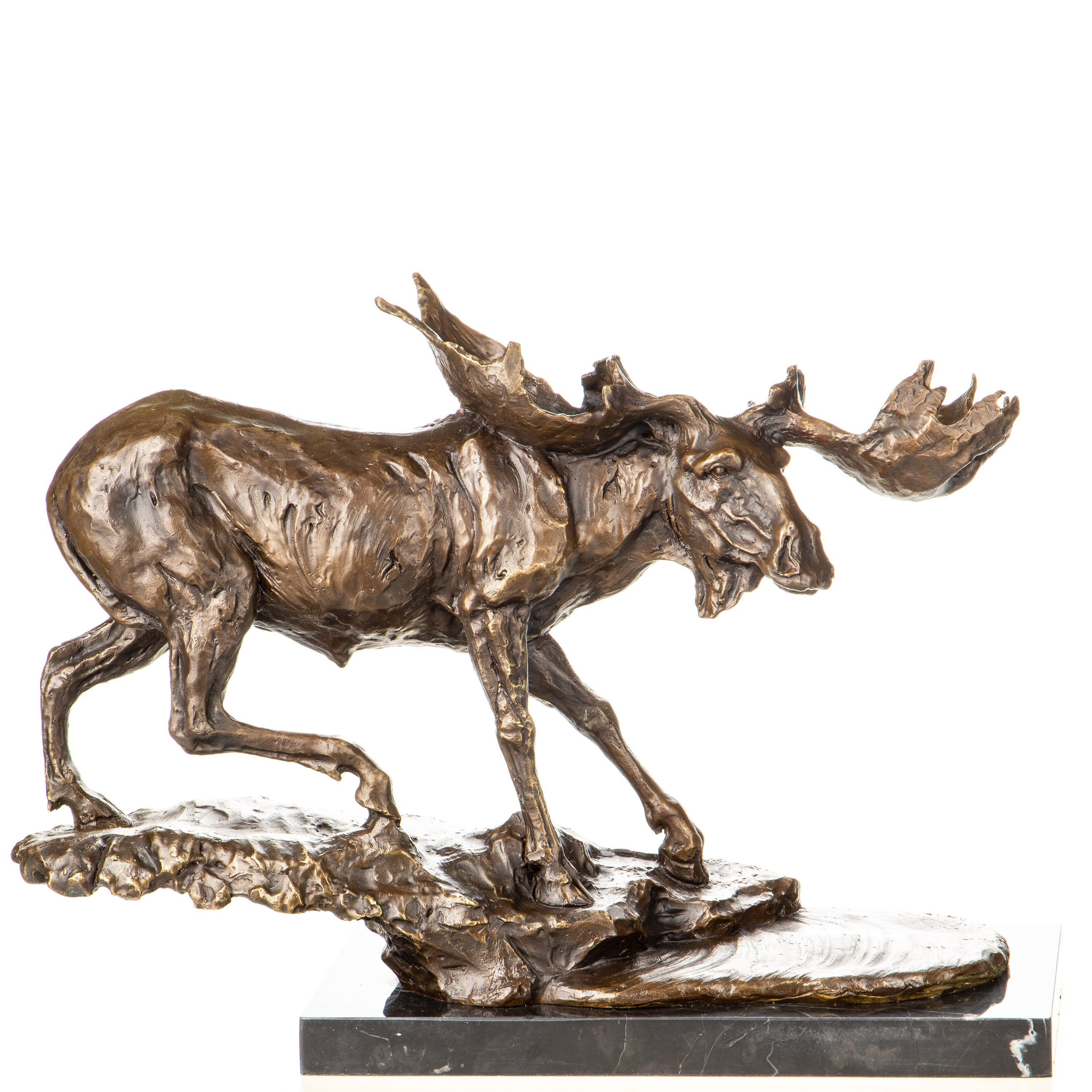 Bronze Skulptur Elch / Moose im Lauf – Tierfigur auf Marmorsockel