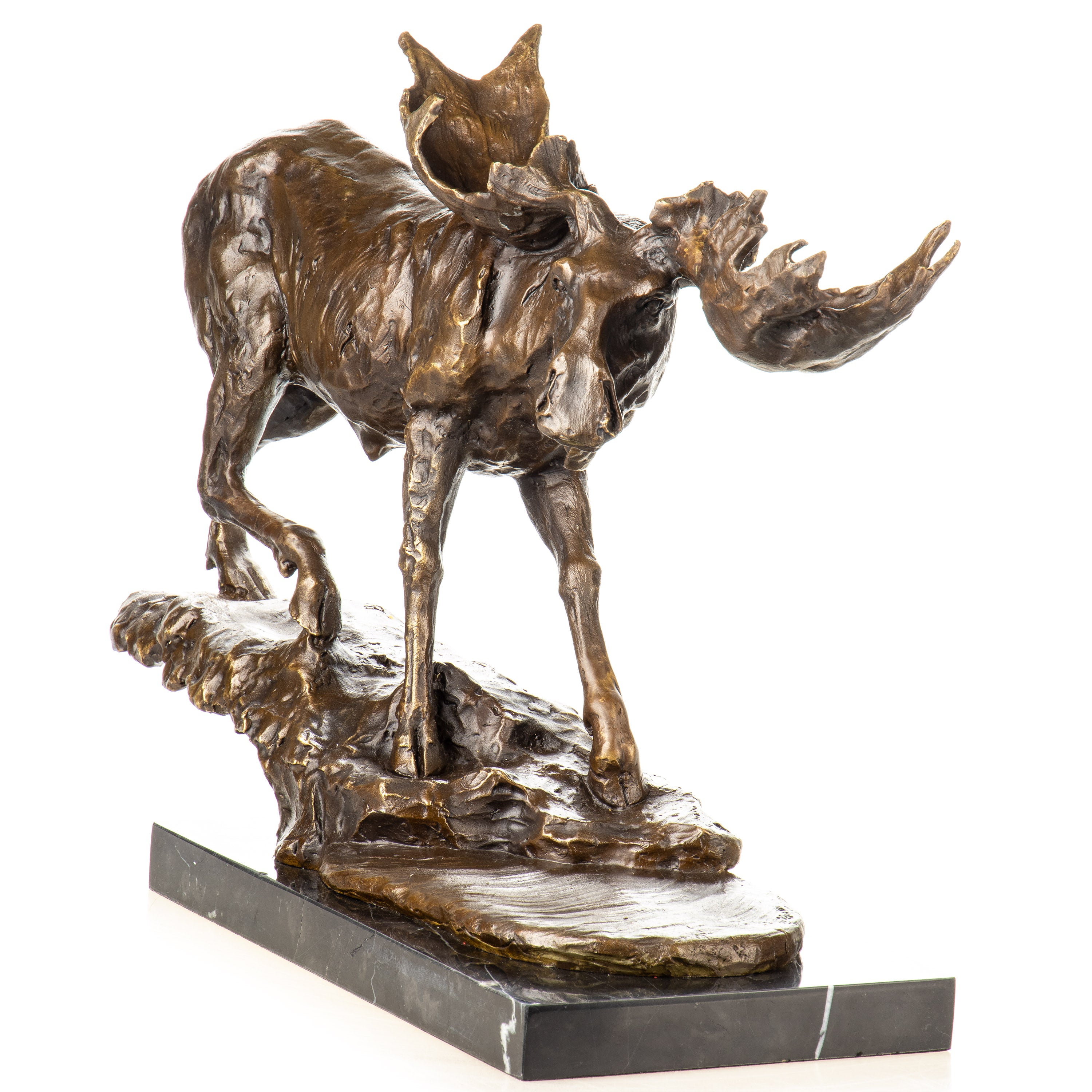 Bronze Skulptur Elch / Moose im Lauf – Tierfigur auf Marmorsockel