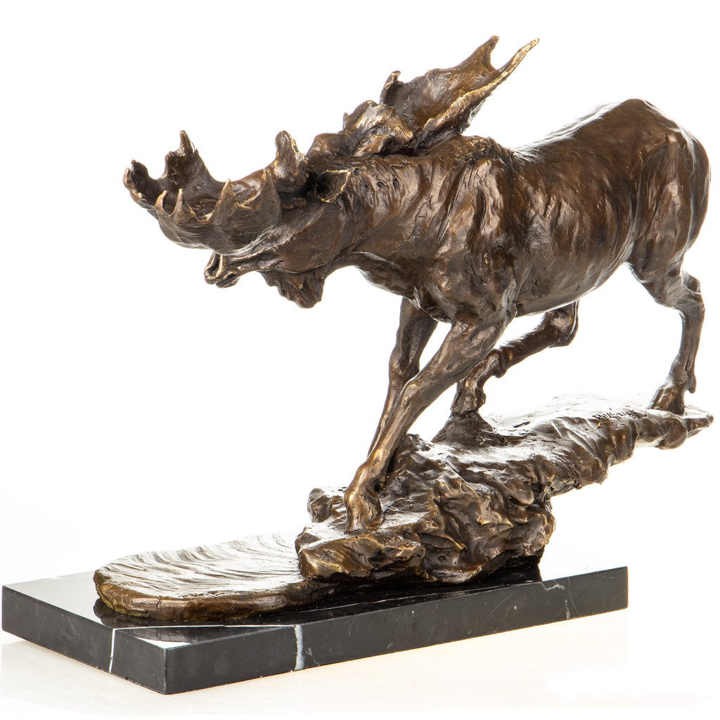 Bronze Skulptur Elch / Moose im Lauf – Tierfigur auf Marmorsockel
