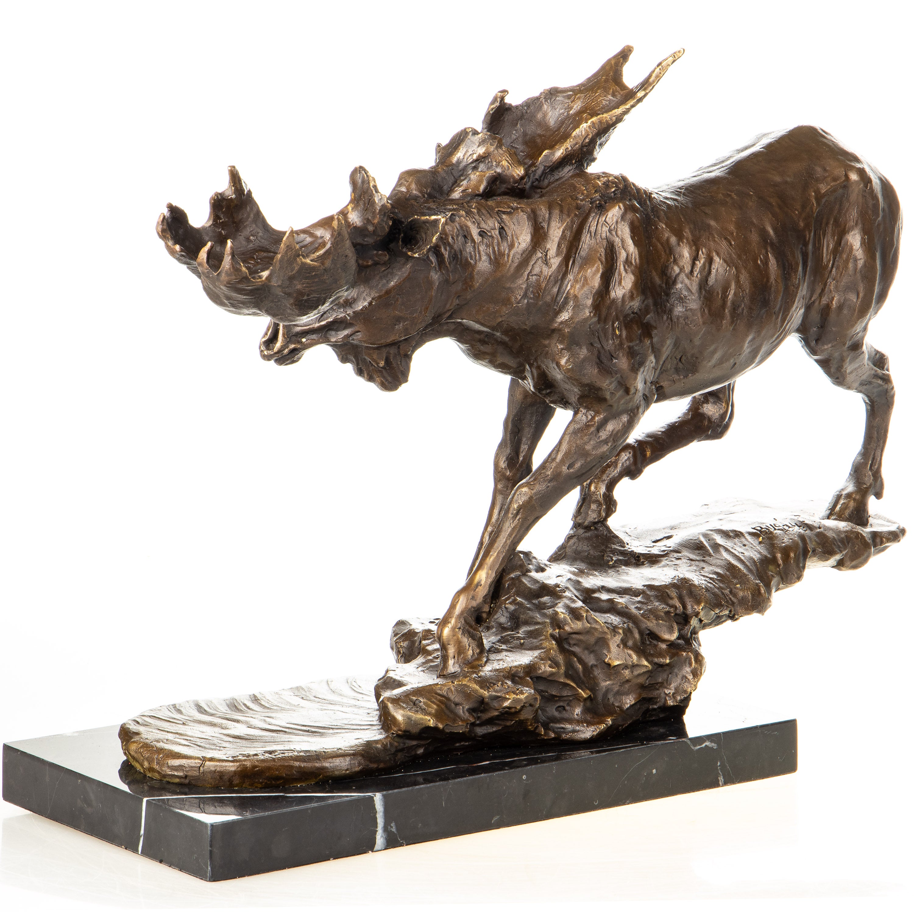 Bronze Skulptur Elch / Moose im Lauf – Tierfigur auf Marmorsockel