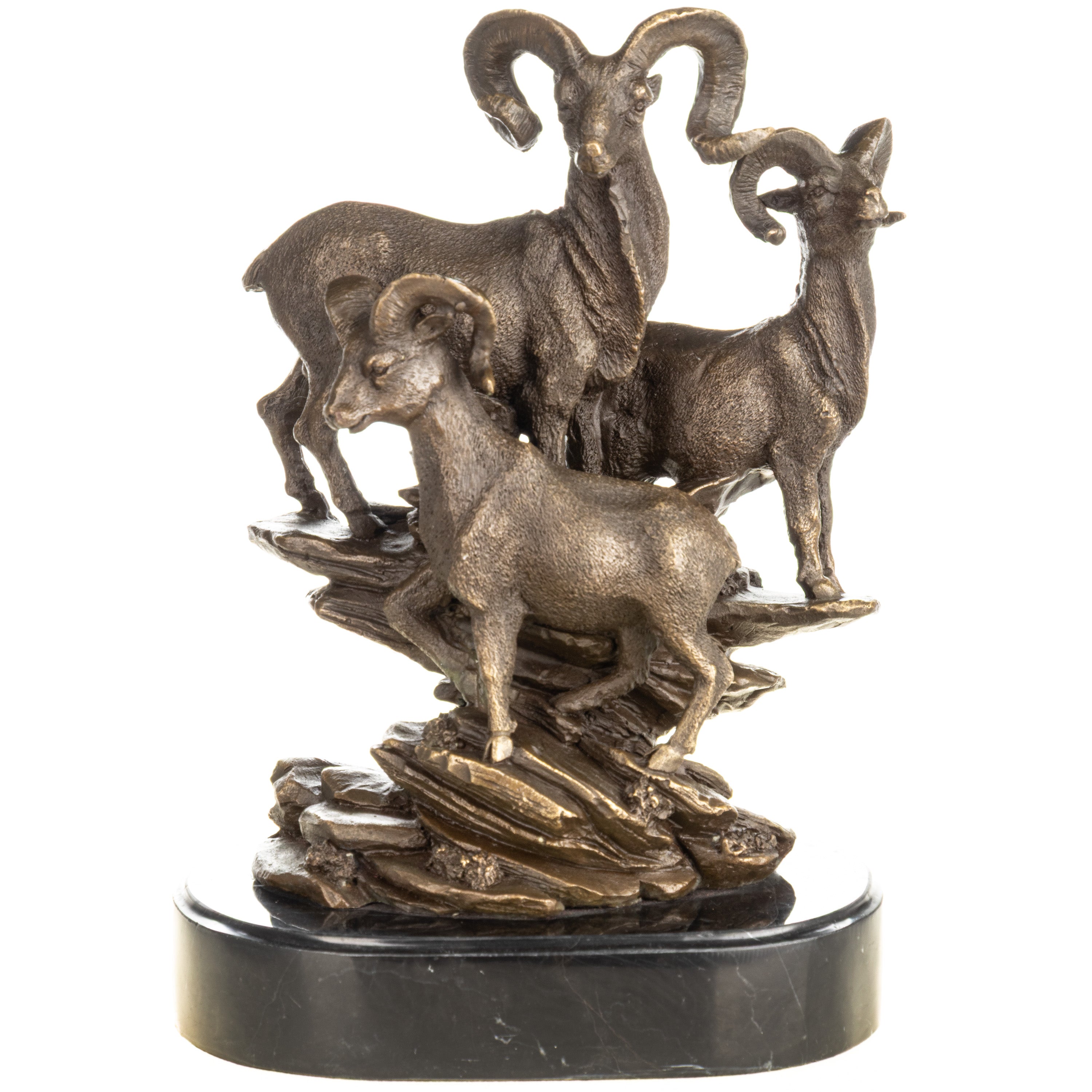 Bronze Skulptur mit Steinböcken auf Felsen – signierte Tierbronze auf Marmorsockel