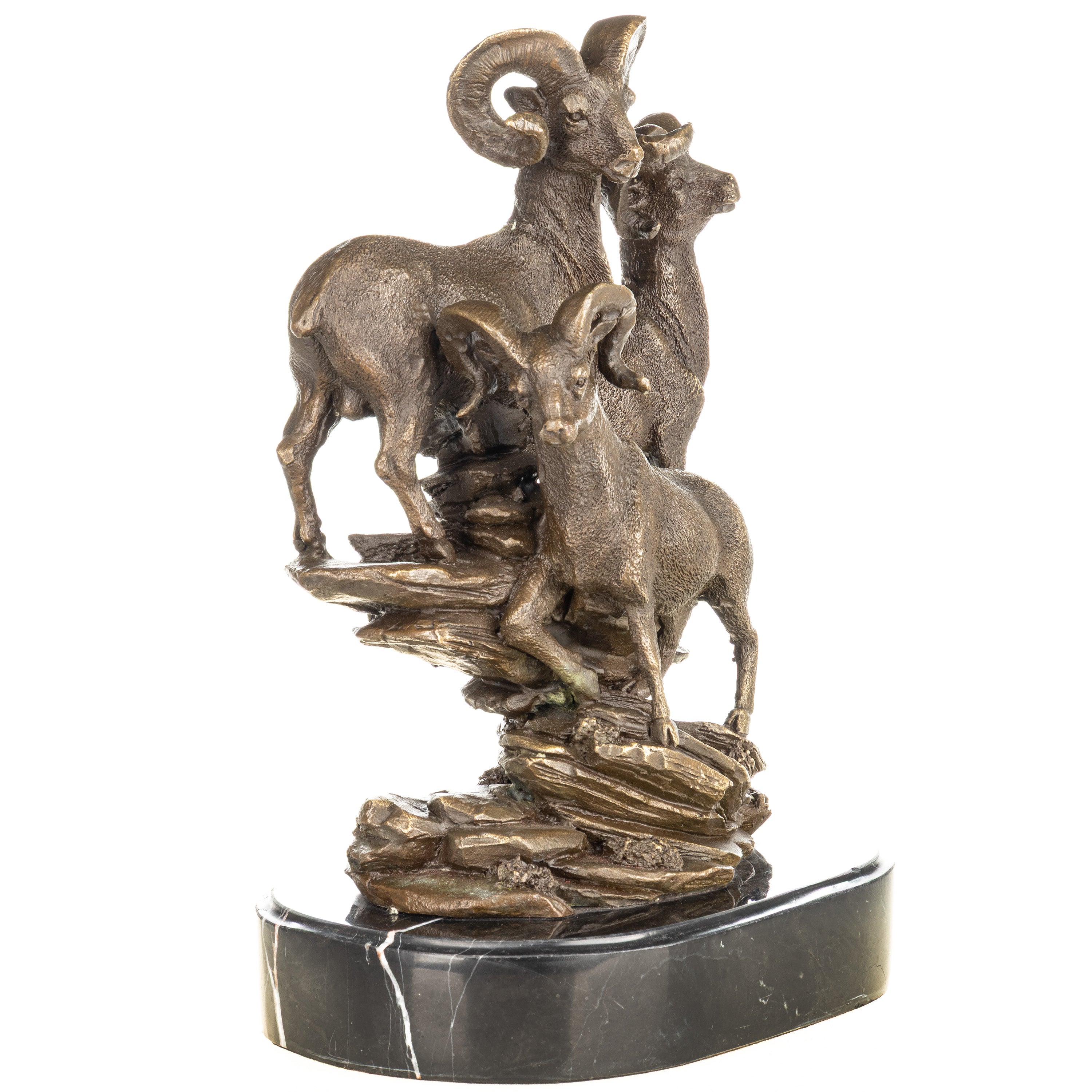 Bronze Skulptur mit Steinböcken auf Felsen – signierte Tierbronze auf Marmorsockel