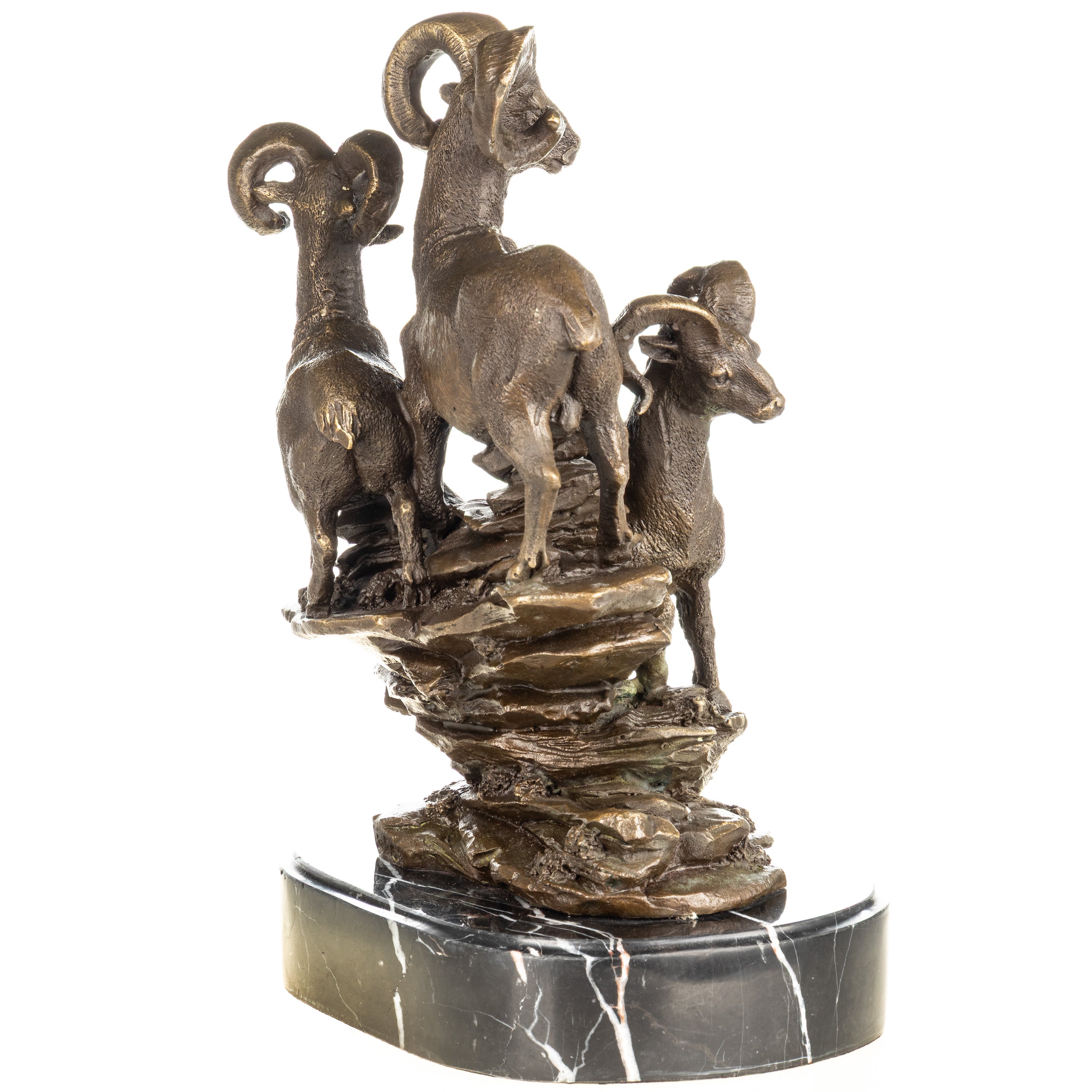 Bronze Skulptur mit Steinböcken auf Felsen – signierte Tierbronze auf Marmorsockel