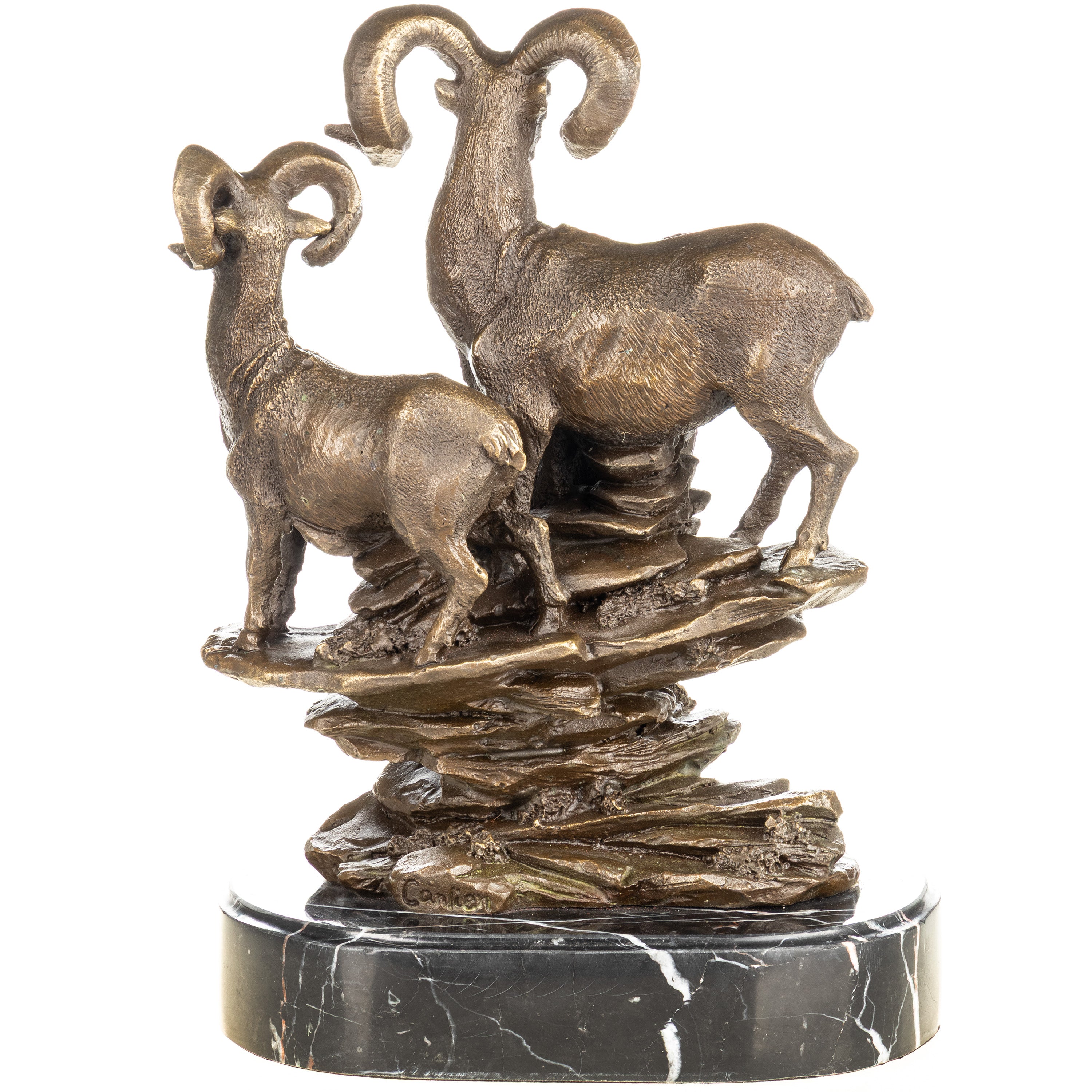 Bronze Skulptur mit Steinböcken auf Felsen – signierte Tierbronze auf Marmorsockel