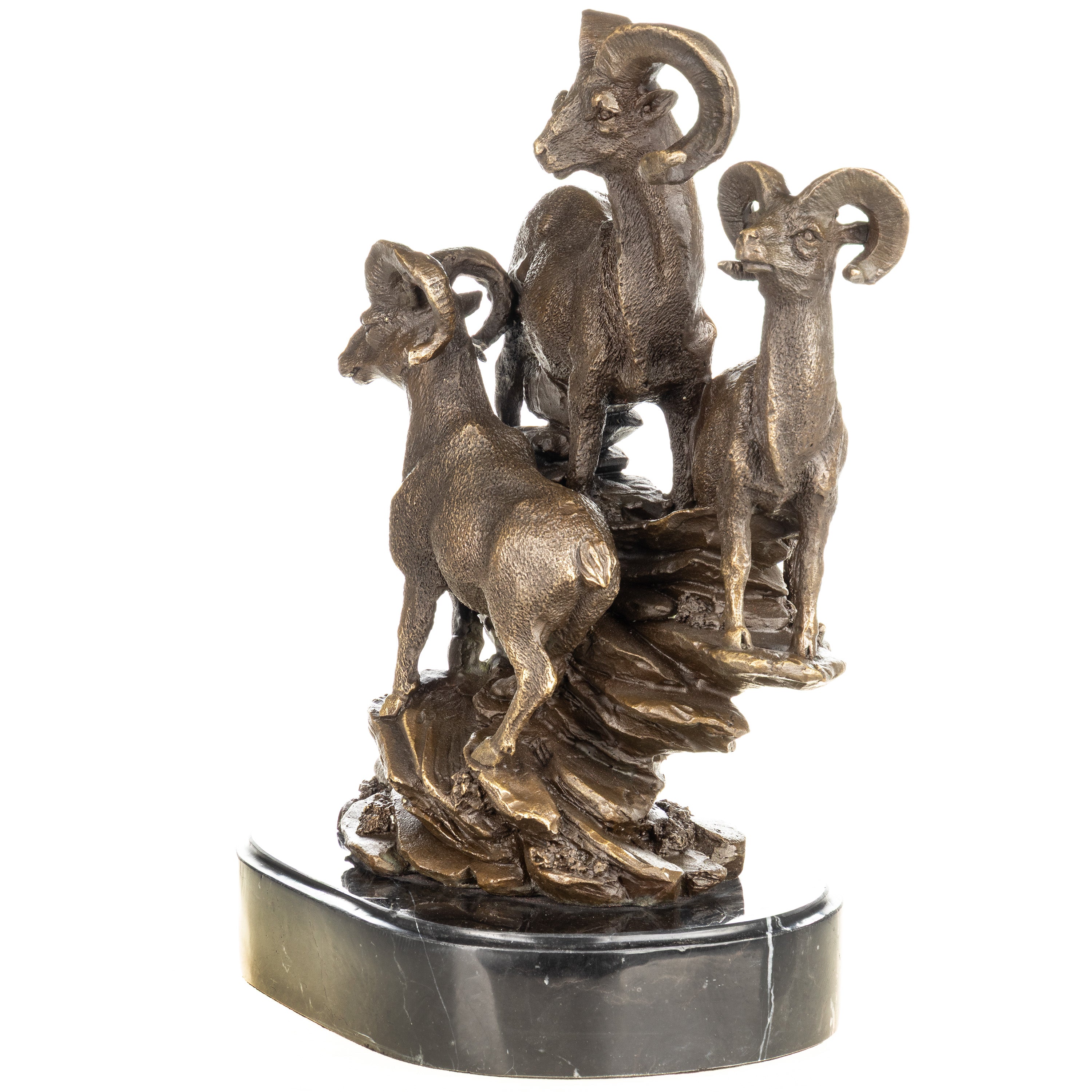 Bronze Skulptur mit Steinböcken auf Felsen – signierte Tierbronze auf Marmorsockel