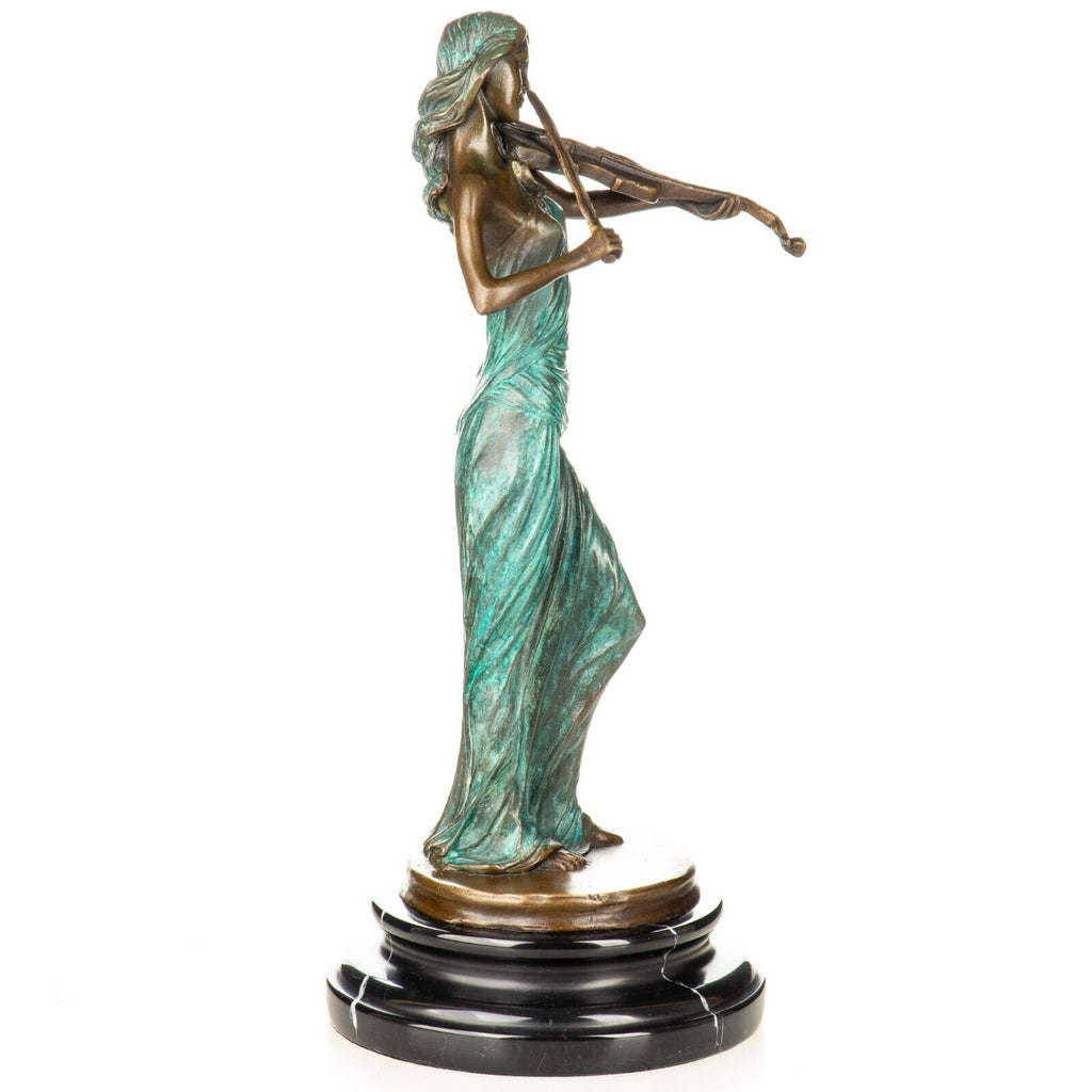 Bronze Skulptur Geigerin mit grüner Patina - signierte Figur auf Marmorsockel