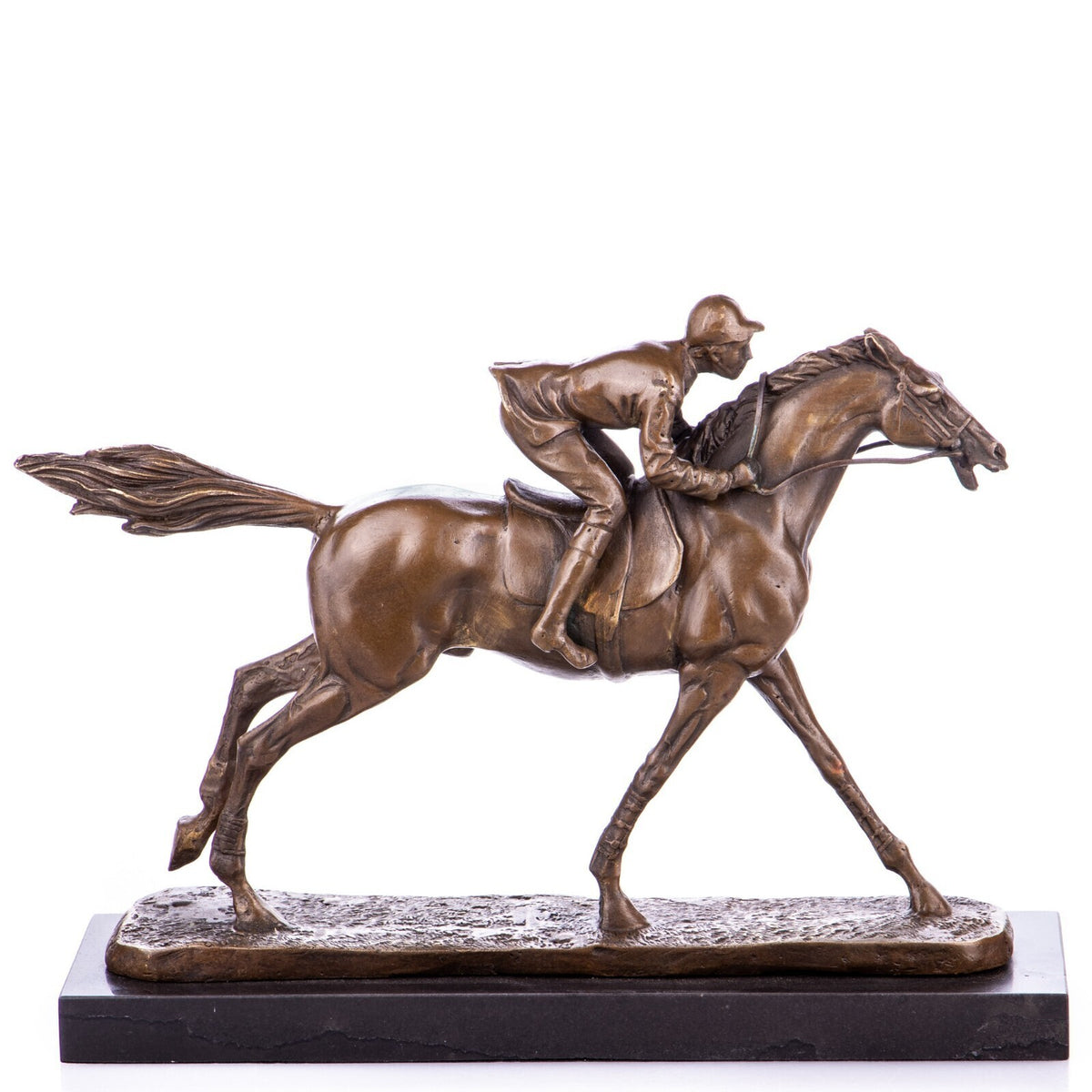 Bronze Skulptur Jockey auf Rennpferd – signierte Sport Figur auf Marmorsockel