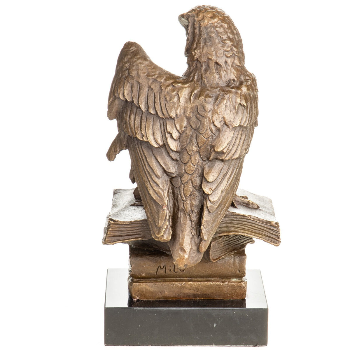 Bronze Skulptur Vier Eulen auf Bücher – signierte Tierfigur auf Marmorsockel
