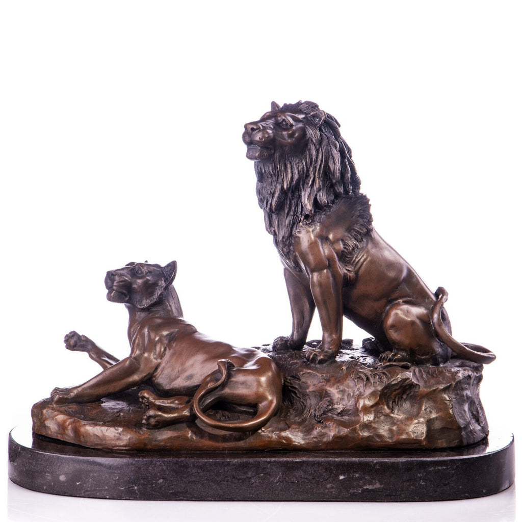 Bronze Skulptur Löwe & Löwin - signierte Tierfigur Raubkatze auf Marmorsockel
