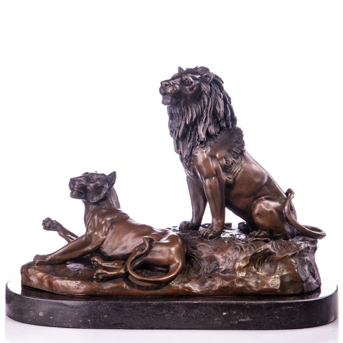 Bronze Skulptur Löwe & Löwin - signierte Tierfigur Raubkatze auf Marmorsockel
