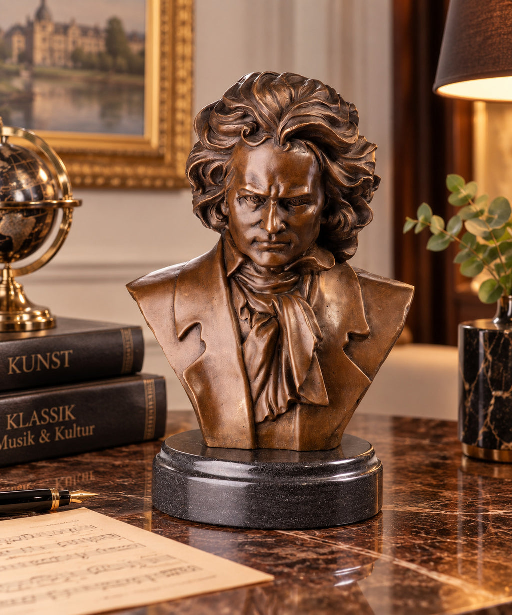 Beethoven Büste aus Bronze – Bronze Skulptur signiert, Musiker auf Marmorsockel