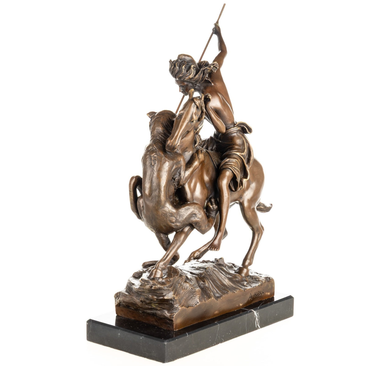 Bronze Skulptur Amazone zu Pferd - signierte Jagdfigur auf Marmorsockel