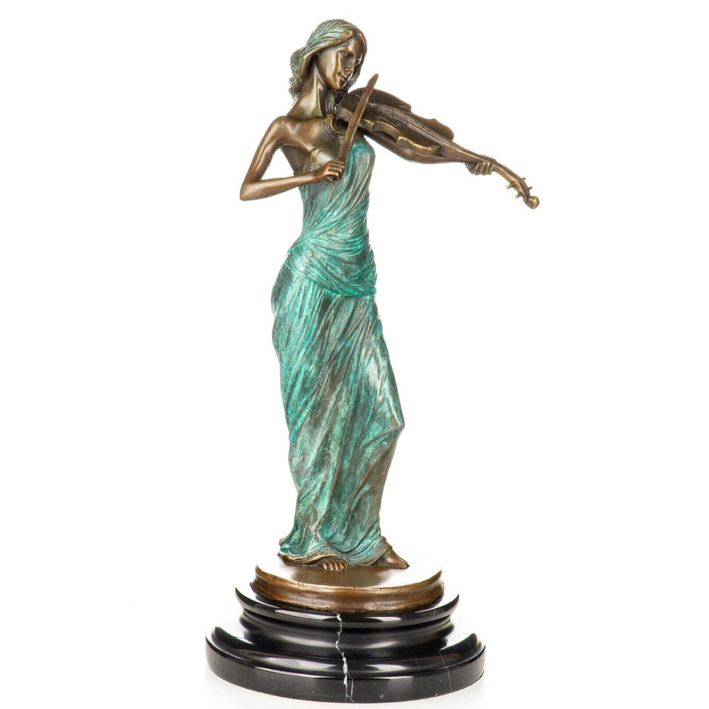 Bronze Skulptur Geigerin mit grüner Patina - signierte Figur auf Marmorsockel