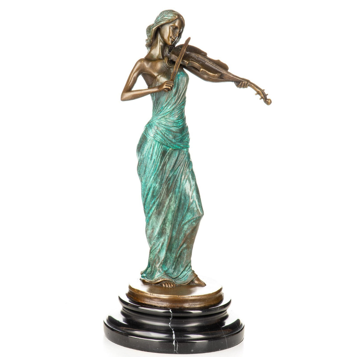 Bronze Skulptur Geigerin mit grüner Patina - signierte Figur auf Marmorsockel