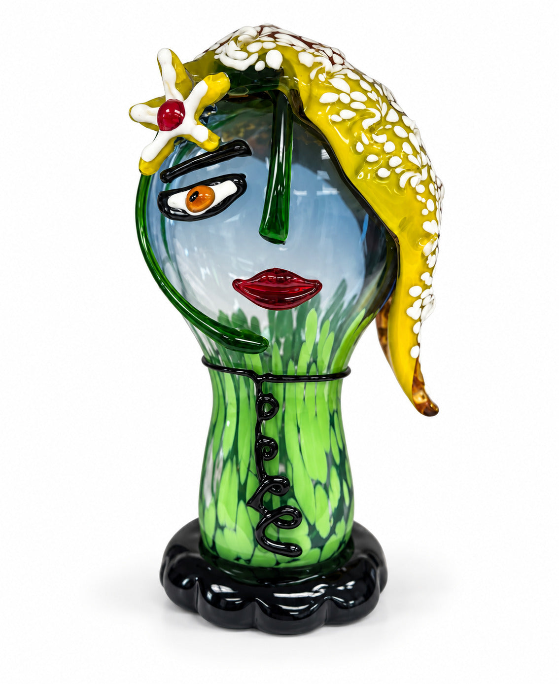 Murano Glasbüste Gesicht Grün-Gelb – Mundgeblasene Glas Skulptur mit Blume