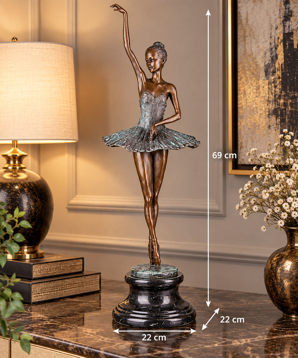 Bronze Skulptur Ballerina mit Patina auf Marmorsockel – signierte Tanzfigur