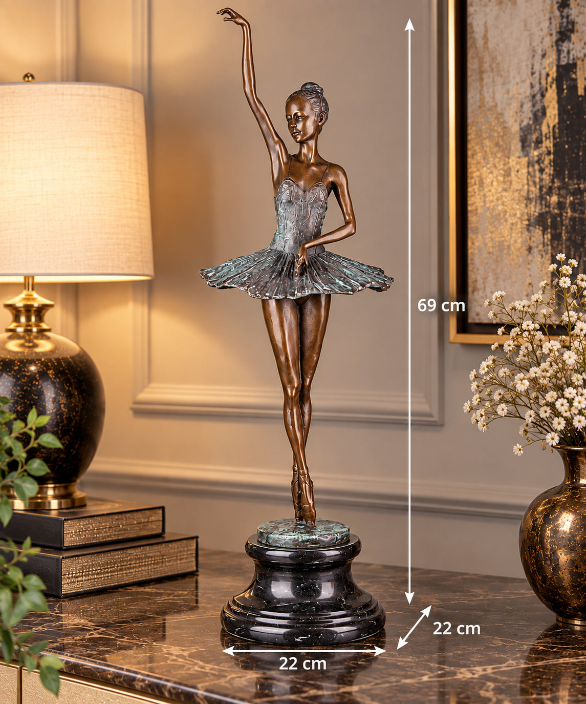 Bronze Skulptur Ballerina mit Patina auf Marmorsockel – signierte Tanzfigur