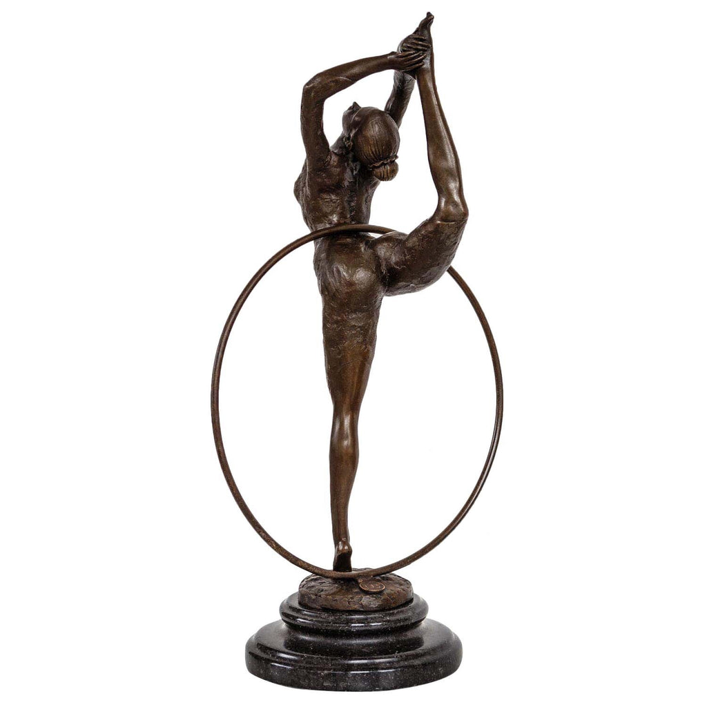 Bronze Skulptur Tänzerin mit Reifen - signierte Tanzfigur auf Marmorsockel