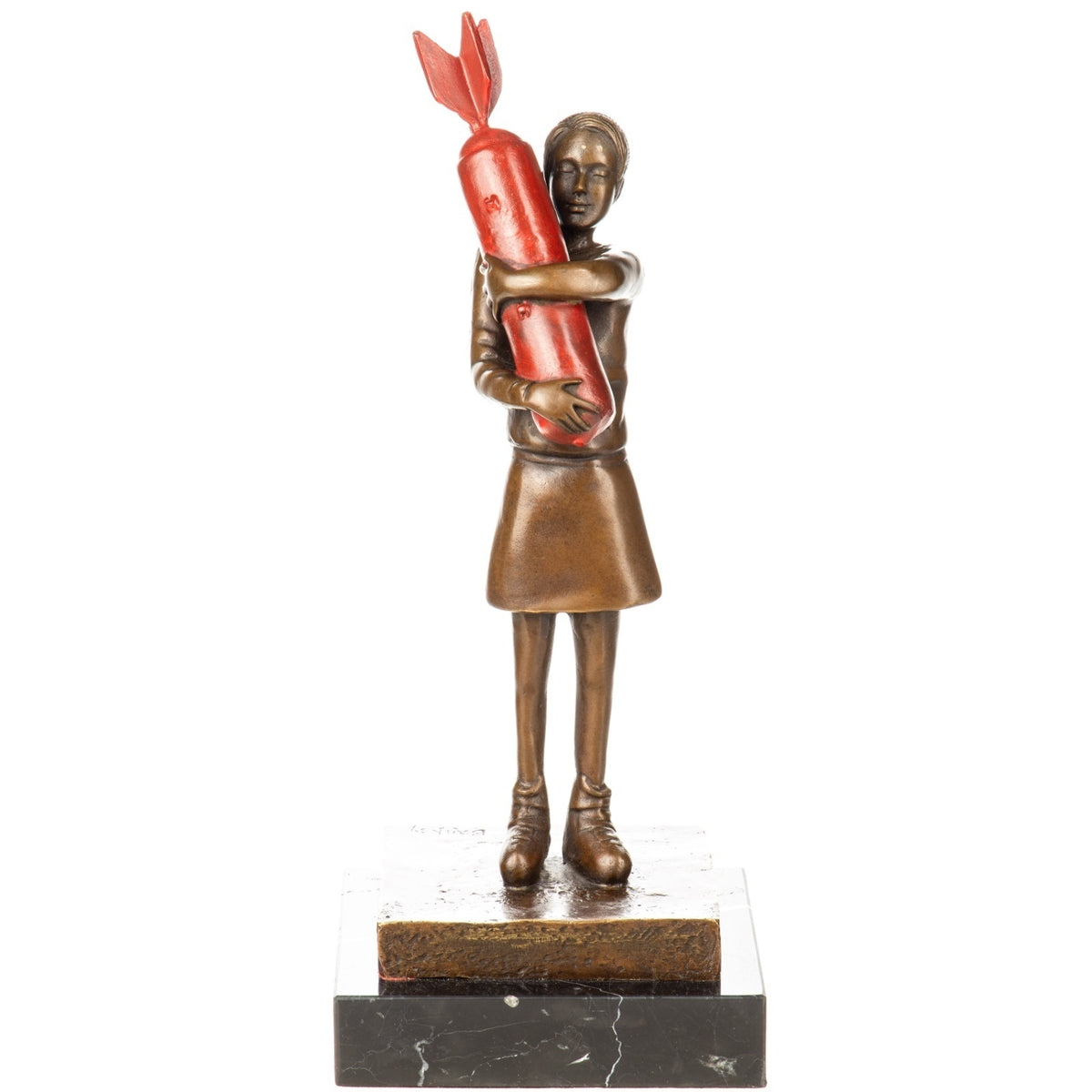Bronze Skulptur Mädchen mit Rakete nach Banksy, signierte Figur auf Marmorsockel
