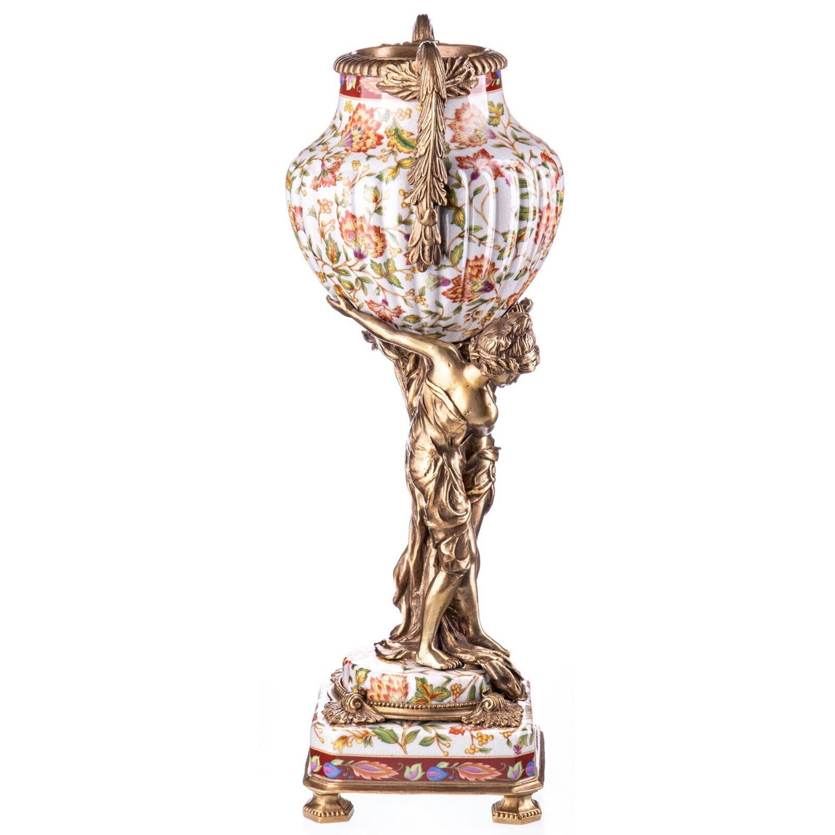 Prunkvase aus Porzellan & Bronze mit Blumen und Frauenfiguren – Vase 50 cm