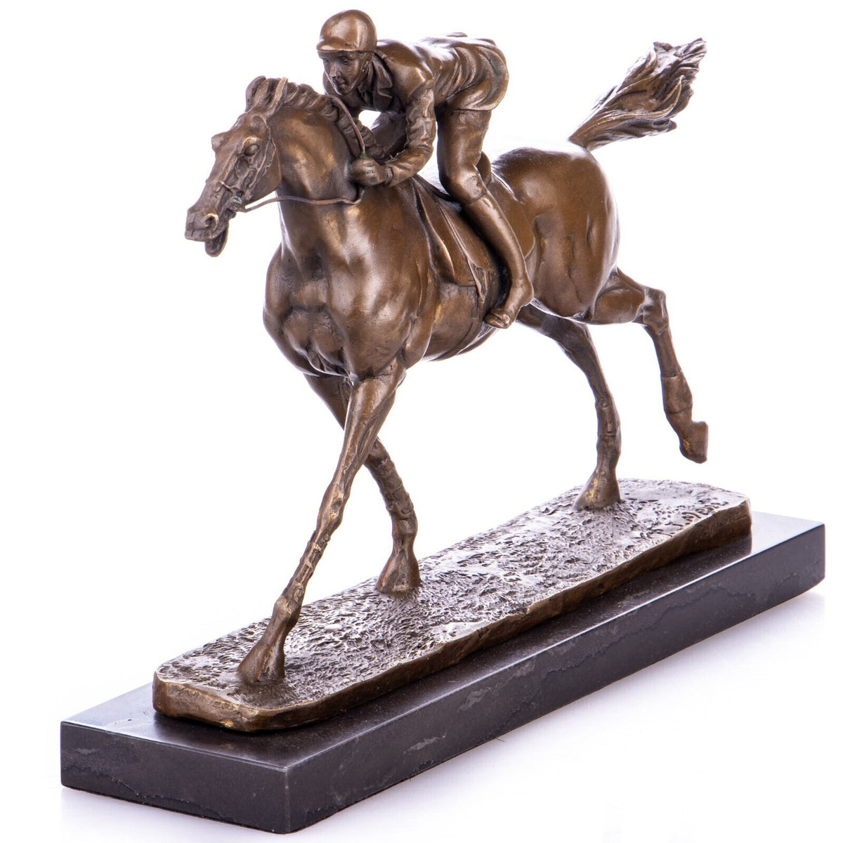 Bronze Skulptur Jockey auf Rennpferd – signierte Sport Figur auf Marmorsockel