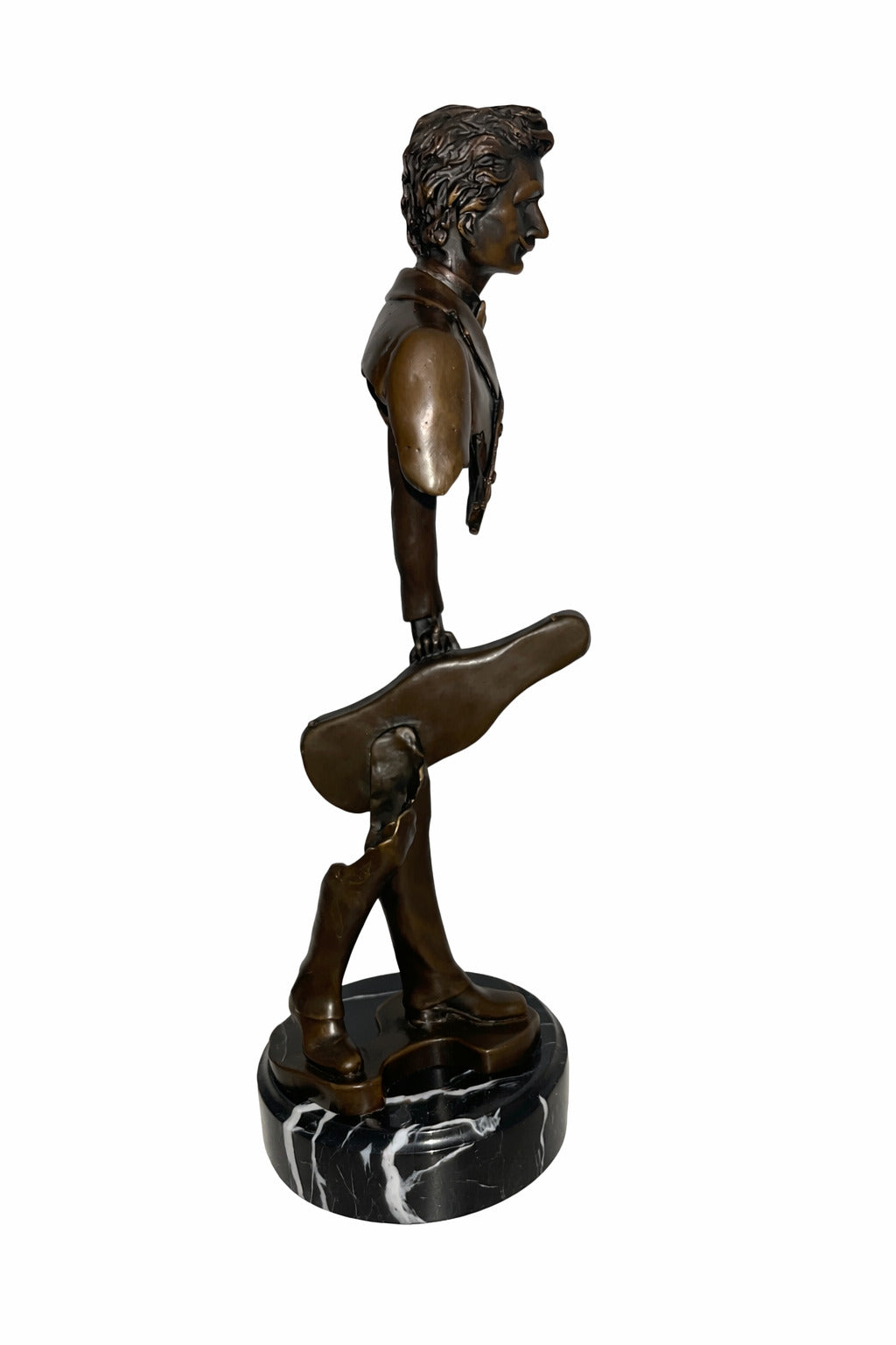 Bronze Skulptur Reisender mit Violine - signierte Musiker Figur auf Marmorsockel