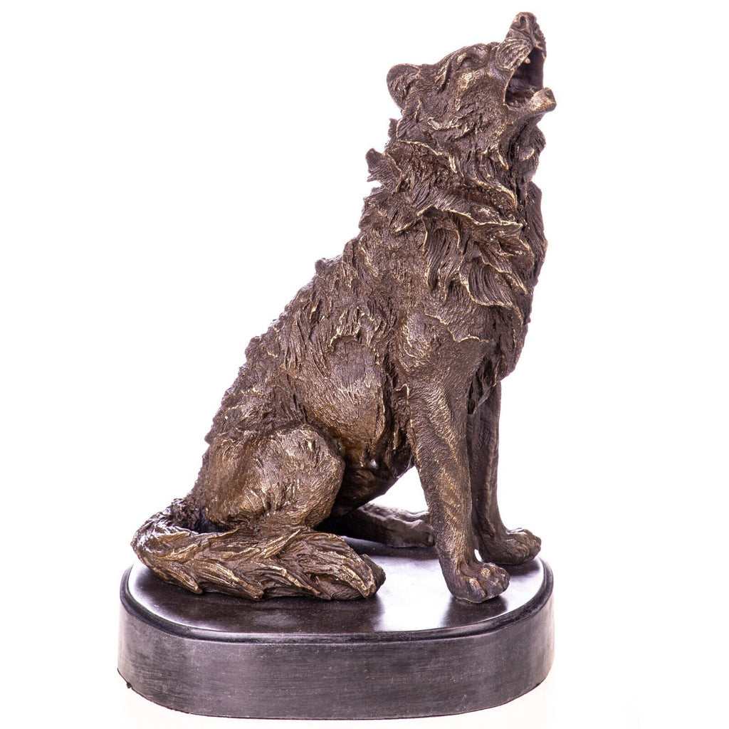 Bronze Skulptur heulender Wolf – signierte Tierfigur aus Natur auf Marmorsockel