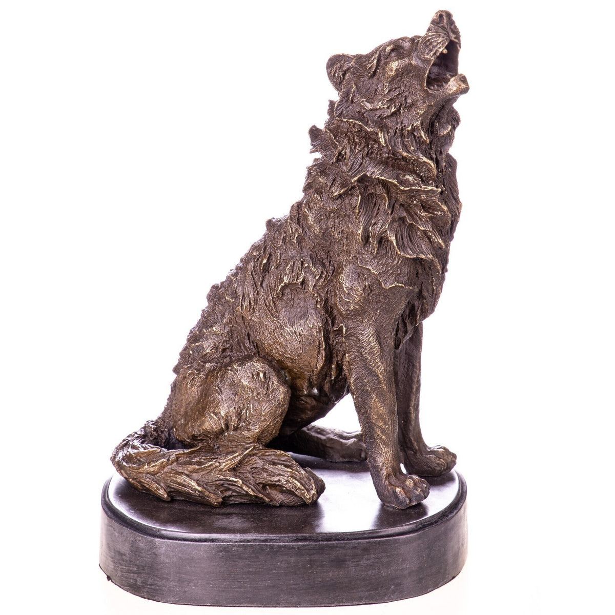 Bronze Skulptur heulender Wolf – signierte Tierfigur aus Natur auf Marmorsockel