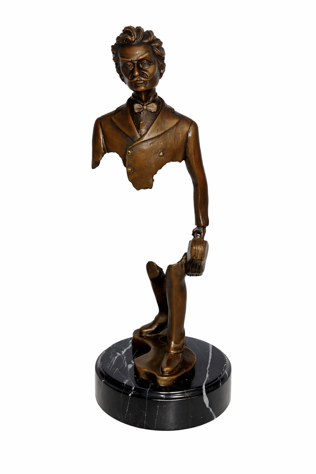 Bronze Skulptur Reisender mit Violine - signierte Musiker Figur auf Marmorsockel