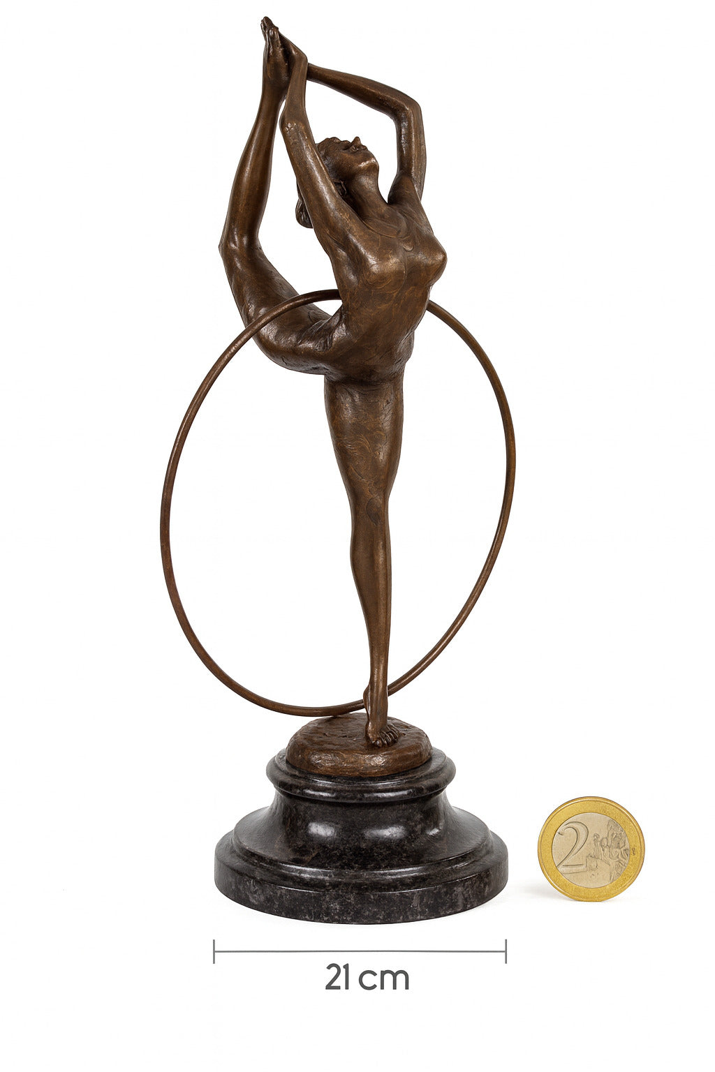 Bronze Skulptur Tänzerin mit Reifen - signierte Tanzfigur auf Marmorsockel