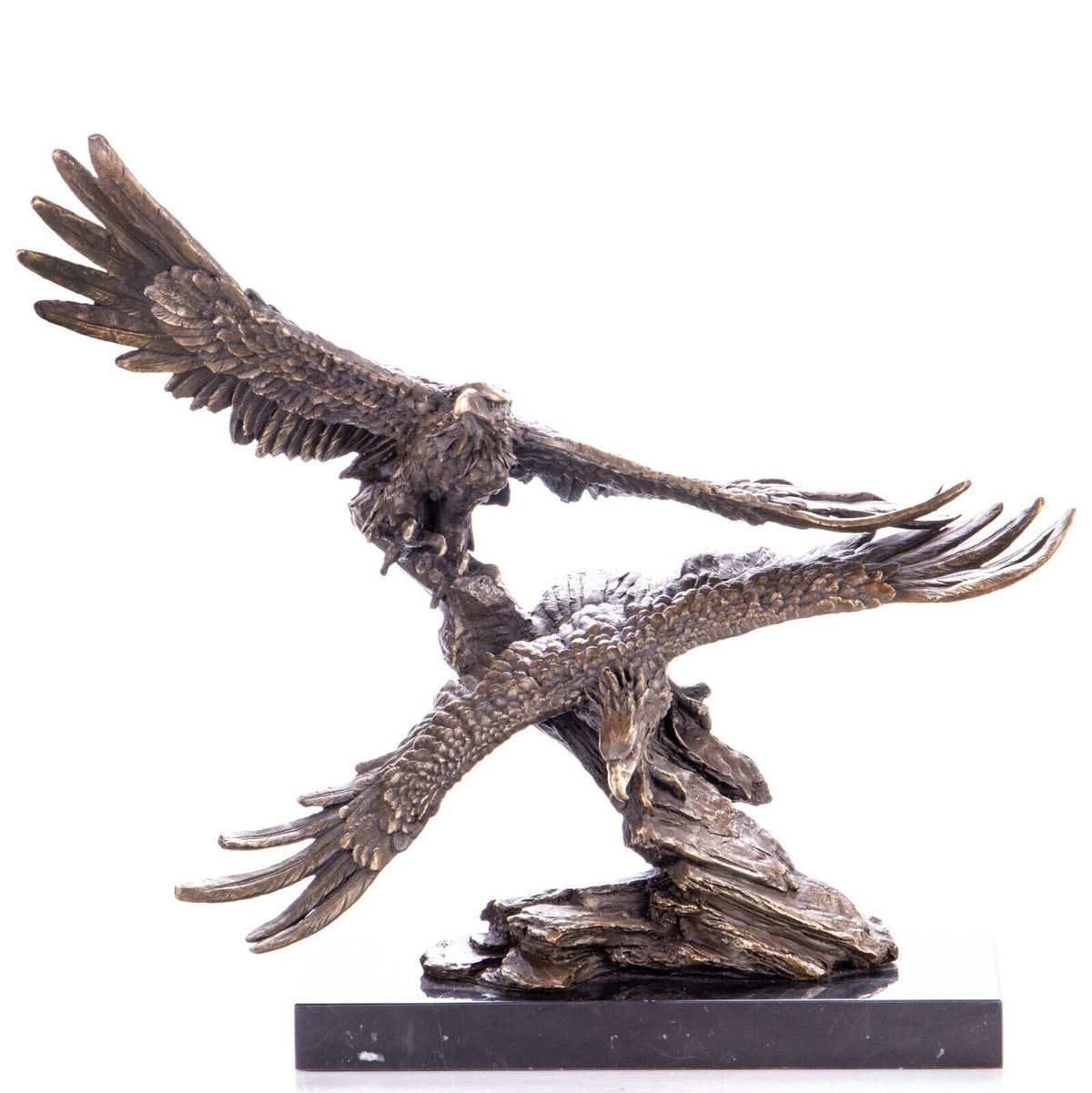 Bronze Skulptur zwei Adler im Flug – signierte Tierfigur auf Marmorsockel