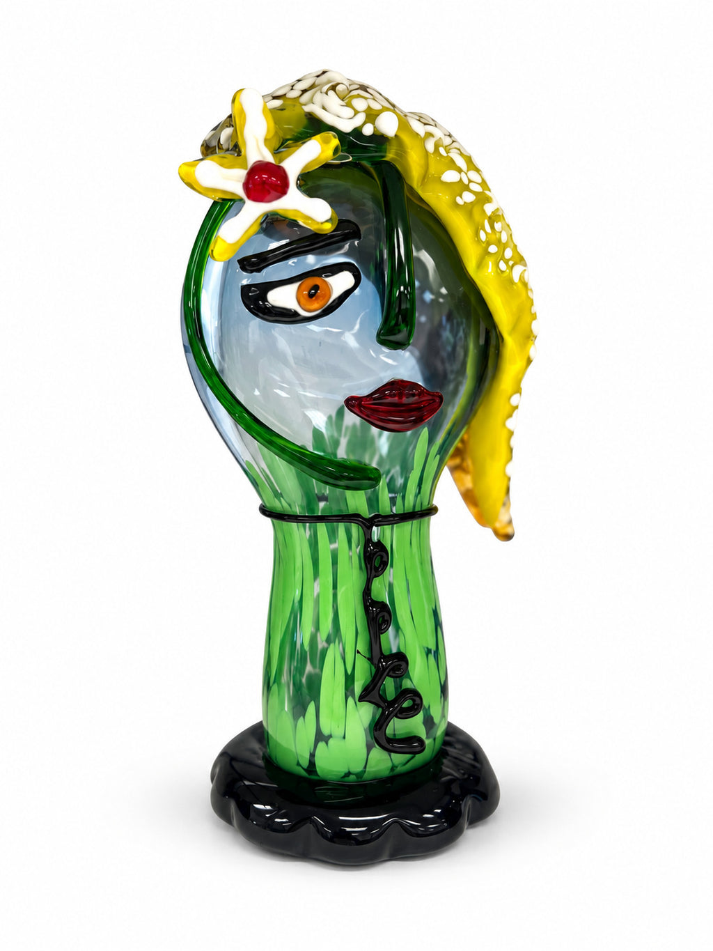 Murano Glasbüste Gesicht Grün-Gelb – Mundgeblasene Glas Skulptur mit Blume
