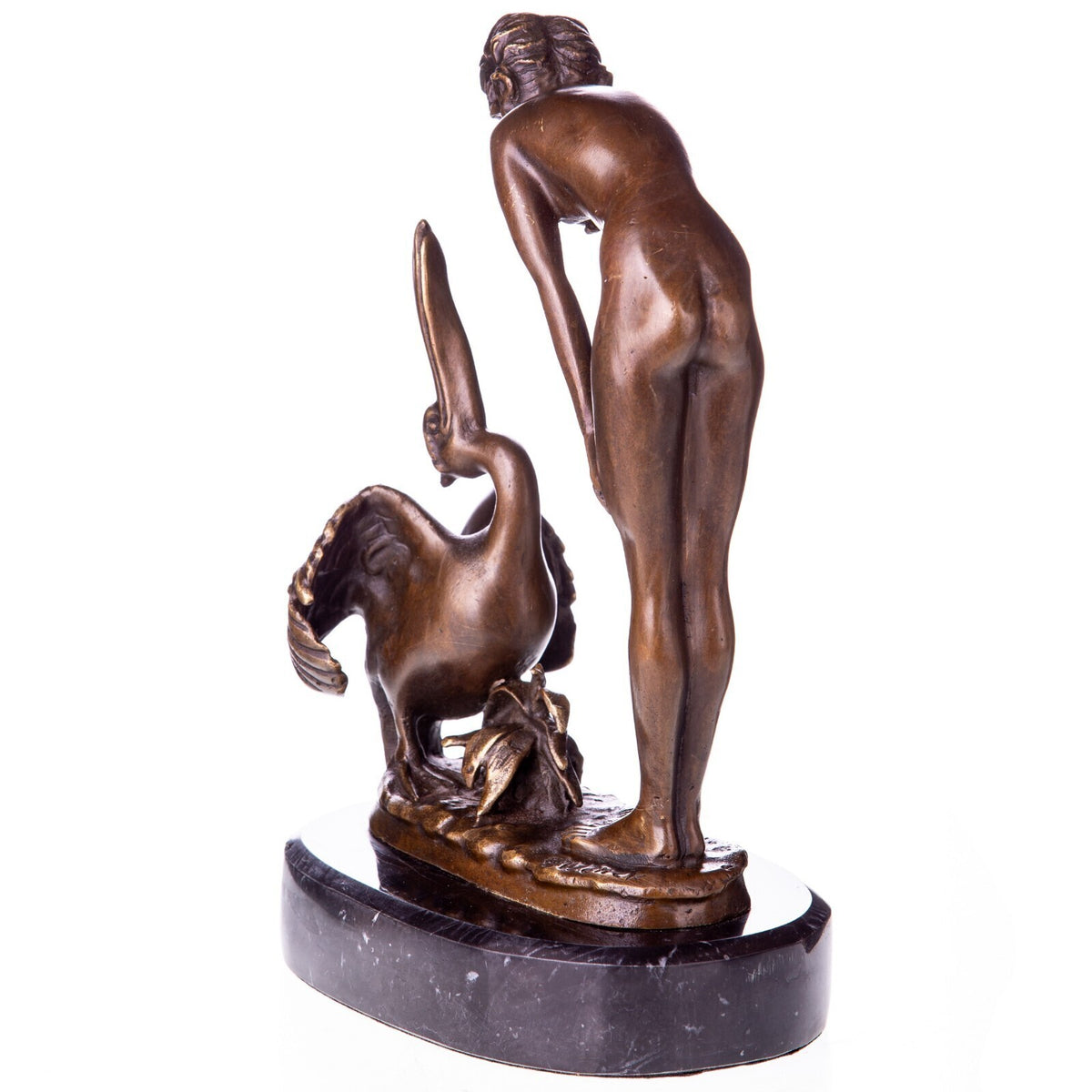 Bronze Skulptur Frau mit Pelikan – signierte Aktfigur Tierfigur auf Marmorsockel