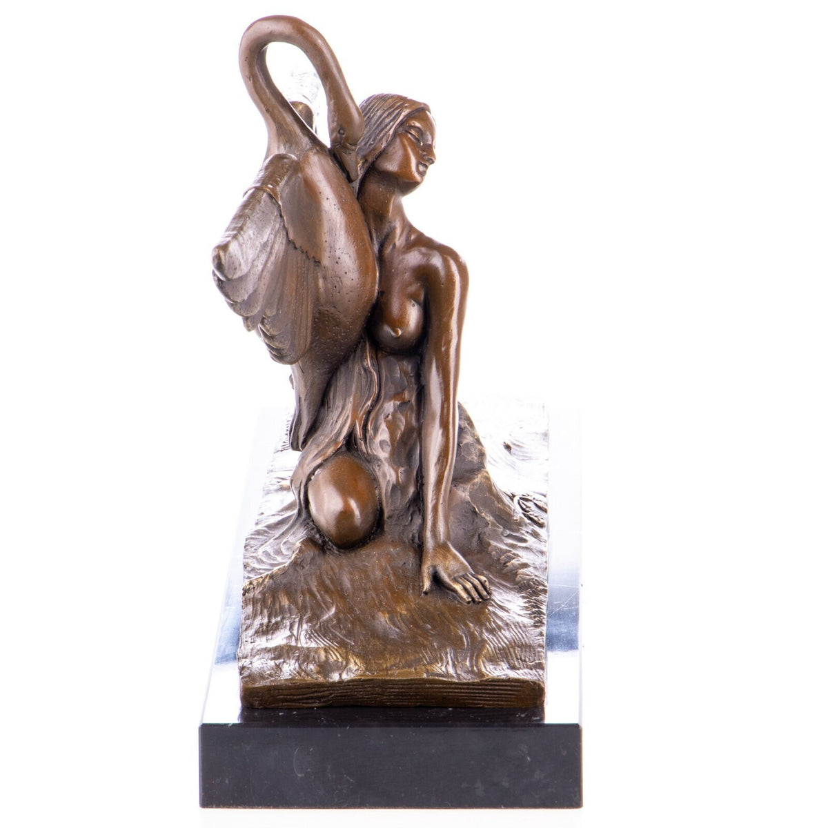 Bronze Skulptur Leda und der Schwan, signierte Mythologie Figur auf Marmorsockel