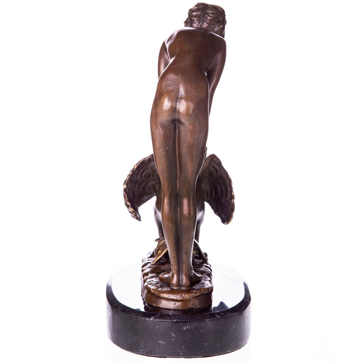 Bronze Skulptur Frau mit Pelikan – signierte Aktfigur Tierfigur auf Marmorsockel
