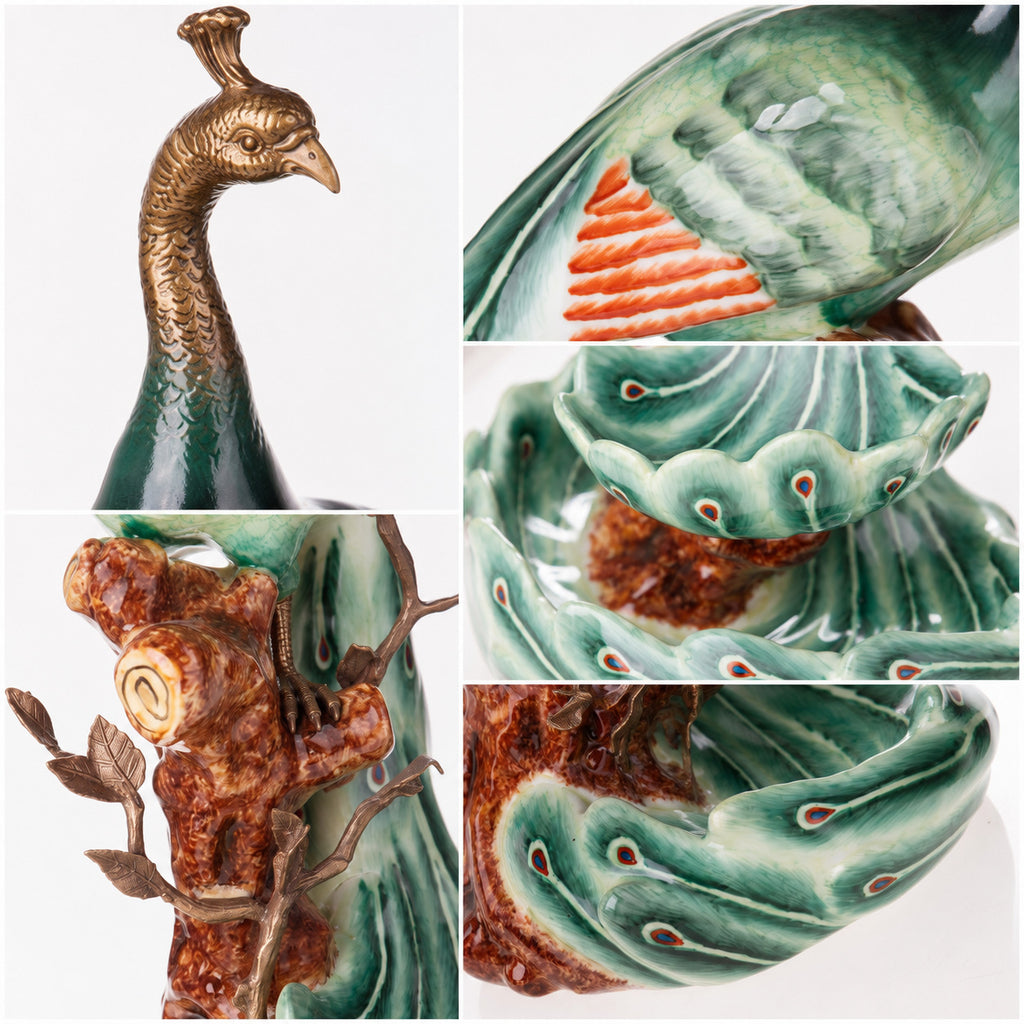 Pfauenschale aus Porzellan & Bronze – grüne Prunkschale mit Pfauenfigur, 45 cm