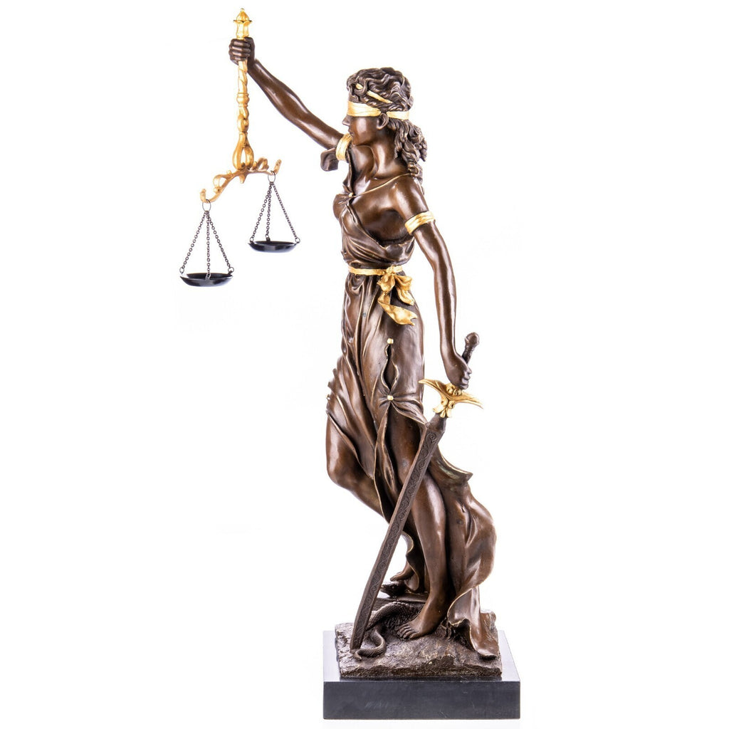 Bronze Skulptur Justitia mit Waage & Schwert – signierte Figur auf Marmorsockel