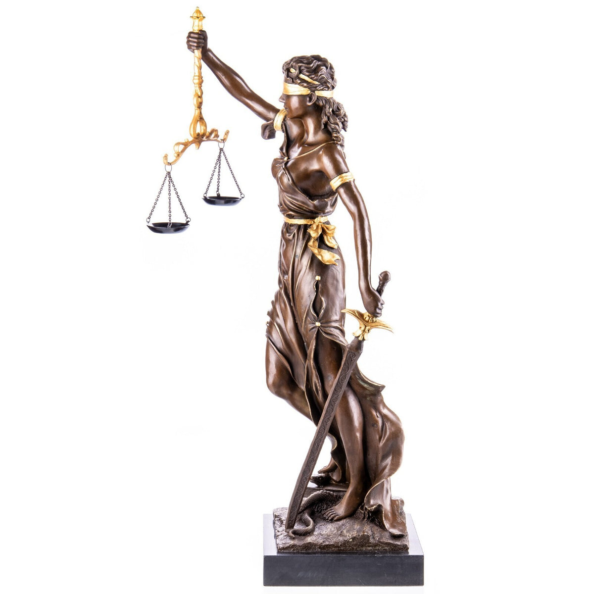 Bronze Skulptur Justitia mit Waage & Schwert – signierte Figur auf Marmorsockel
