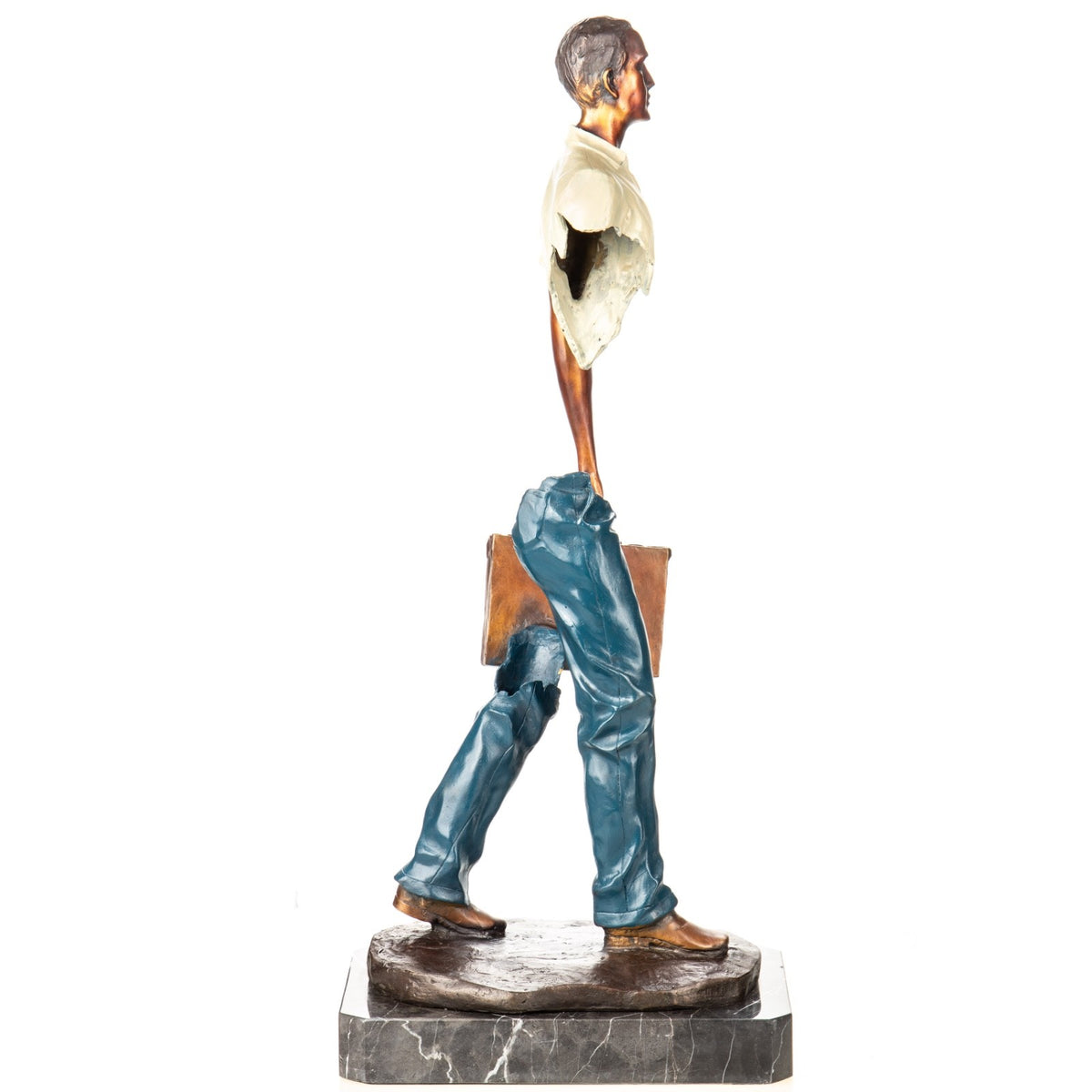 Bronze Skulptur Reisender mit Koffer – signierte moderne Kunstfigur auf Marmorsockel