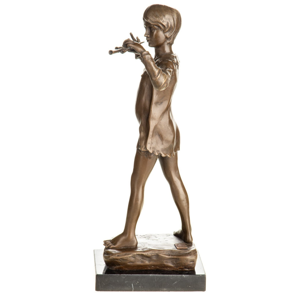 Bronze Skulptur Junge mit Flöte – signierte Musikerfigur auf Marmorsockel