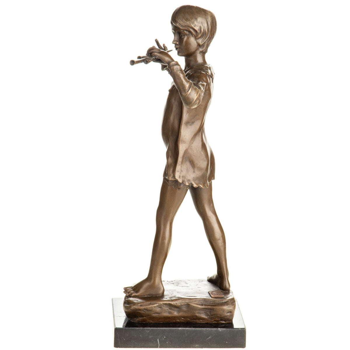 Bronze Skulptur Junge mit Flöte – signierte Musikerfigur auf Marmorsockel