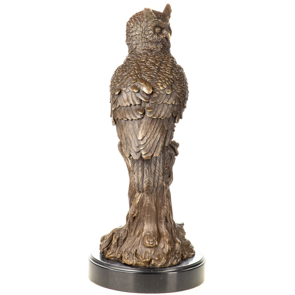 Bronze Skulptur Eule auf Baumstamm - signierte Tierfigur auf Marmorsockel, 45 cm