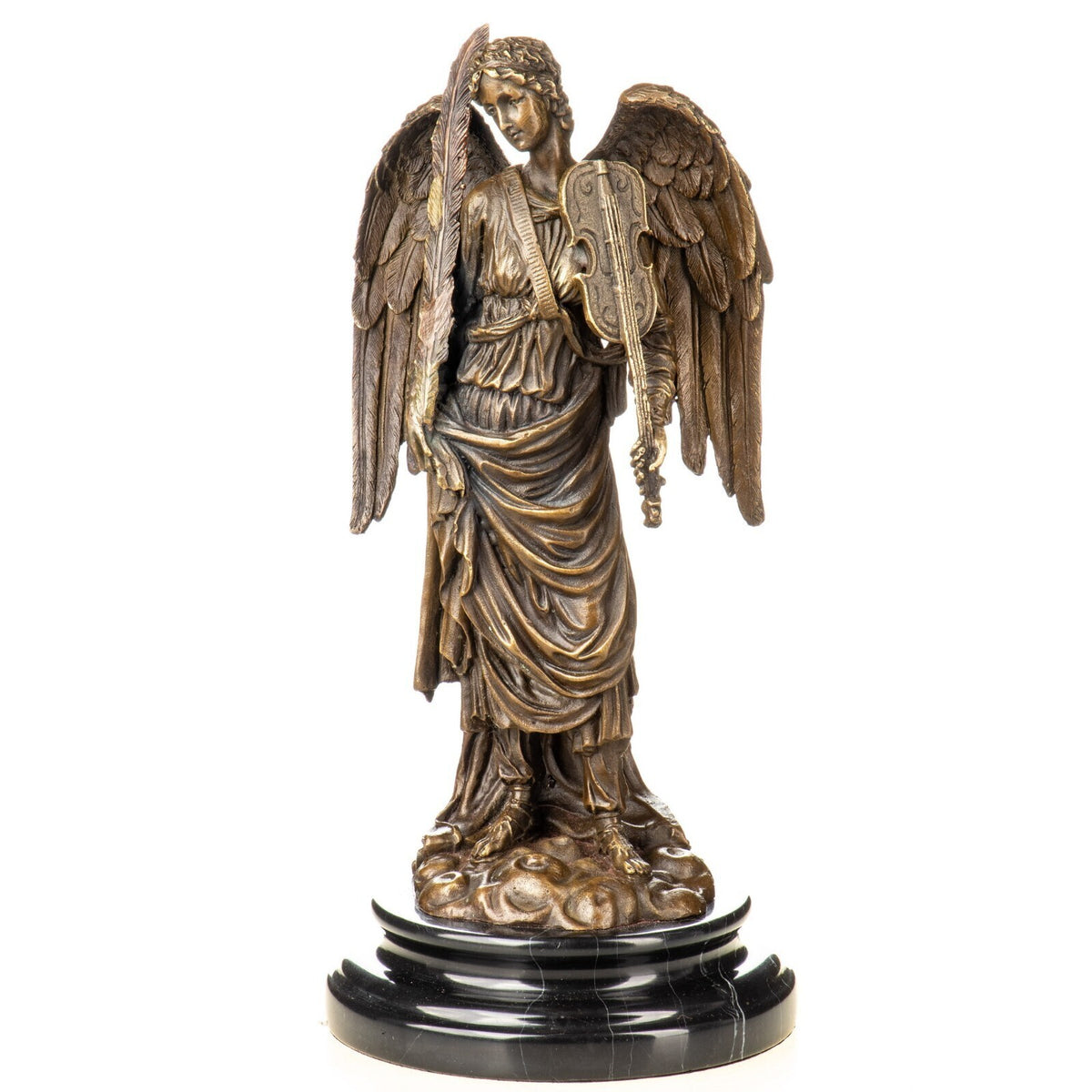 Engel mit Violine & Feder Bronze Skulptur auf Marmor – signierte Bronzefigur