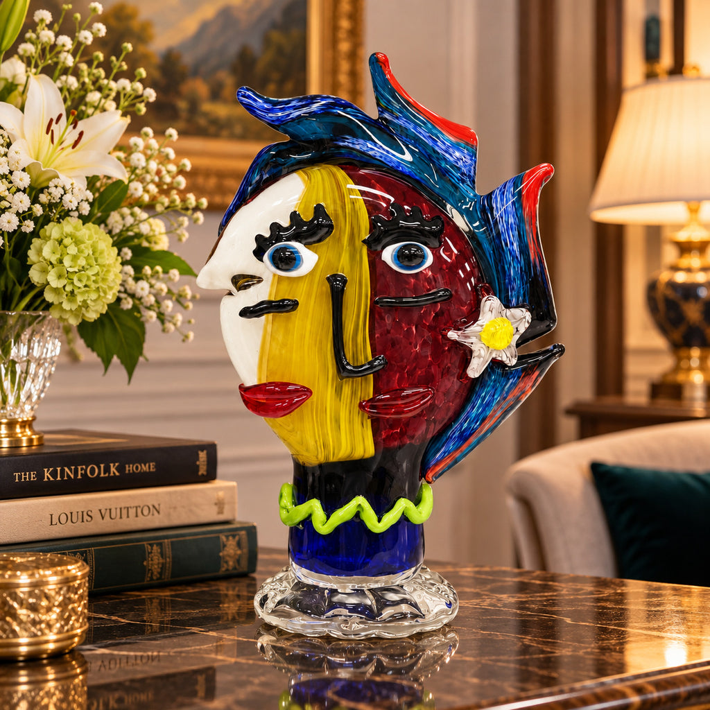 Murano Glasbüste bunt – Mundgeblasene Glas Skulptur mit abstraktem Gesicht