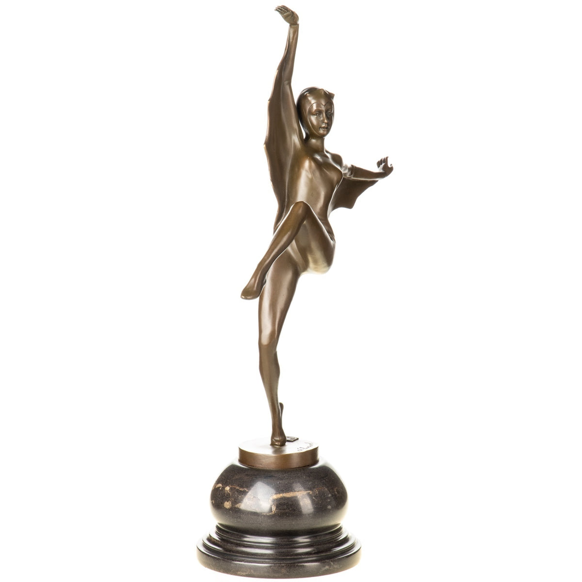 Bronze Skulptur Tänzerin auf Marmorsockel – signierte Tanzfigur mit Kostüm