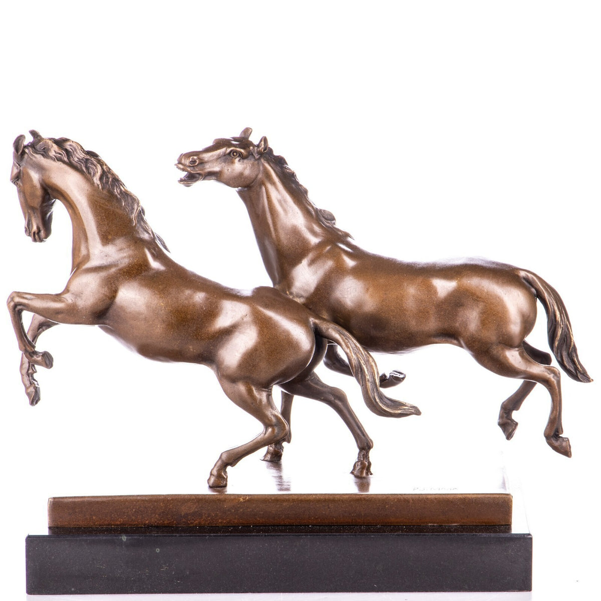 Bronze Pferde Skulptur auf Marmorsockel – signierte Tierfigur Laufende Pferde