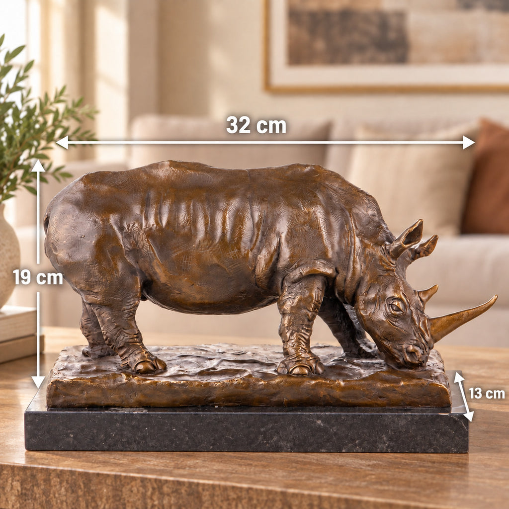 Bronze Skulptur Nashorn in der Natur - signierte Tierfigur auf Marmorsockel